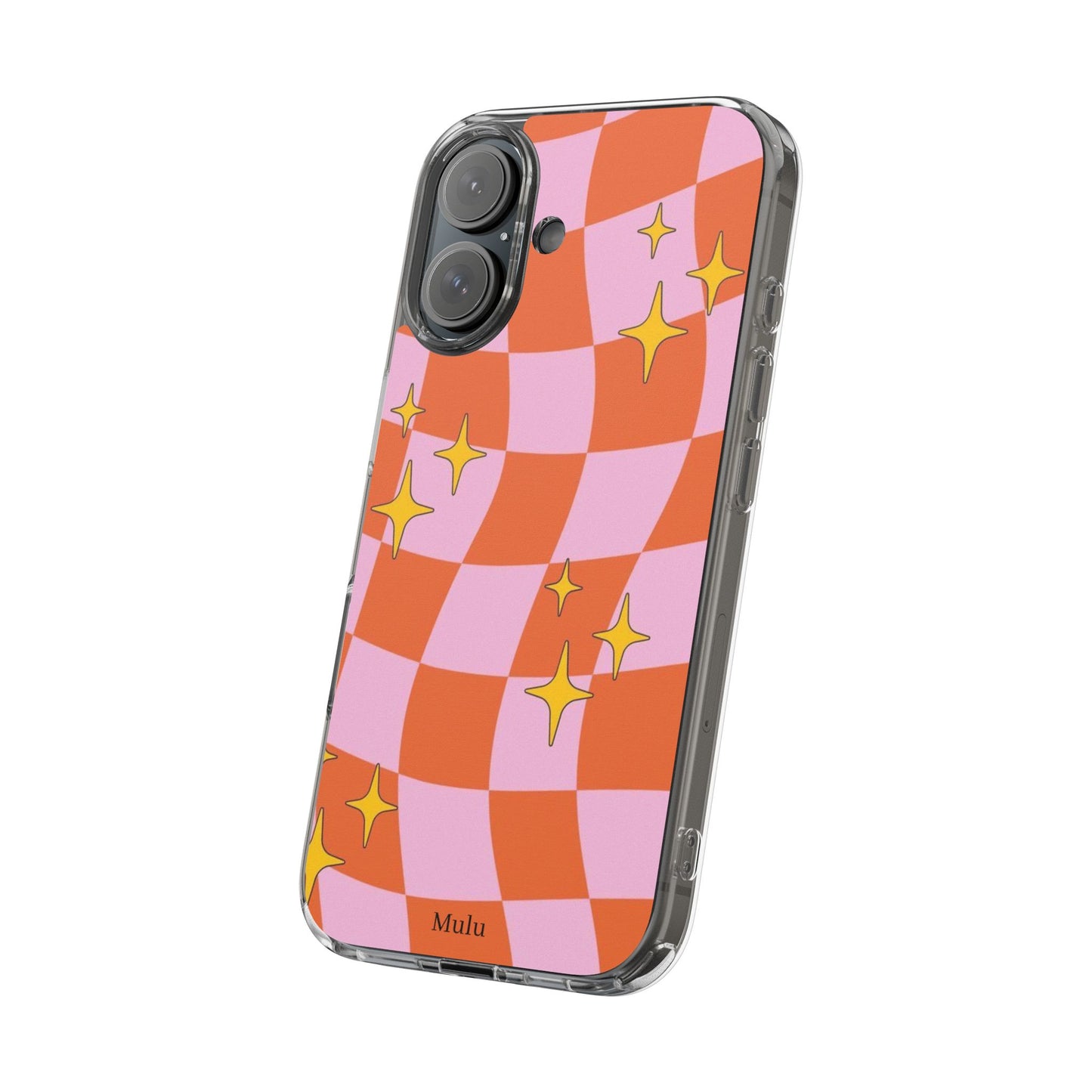 Clear Impact-Resistant Case — Retro Pink & Orange Checker with Sparkle Stars