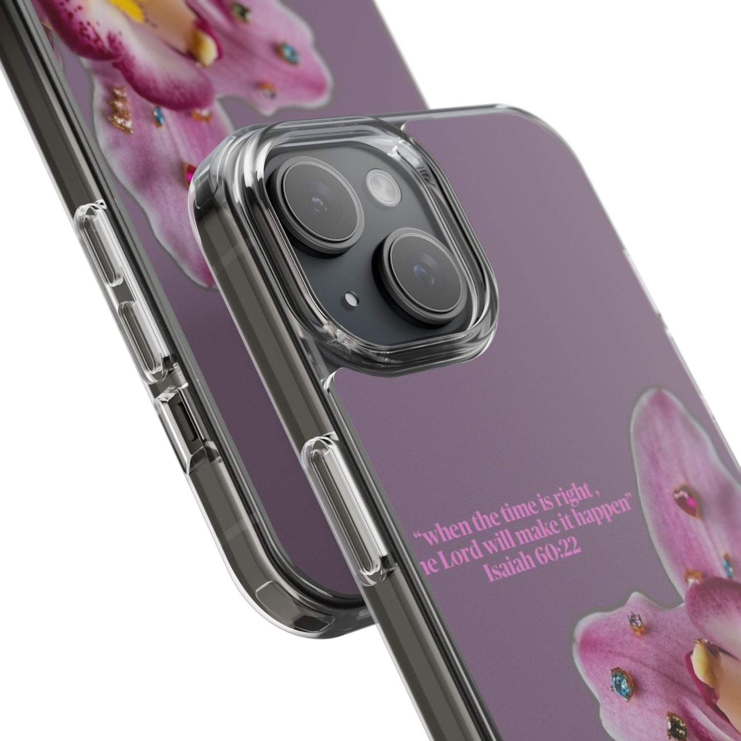 Clear Floral Impact-Resistant Phone Case — "When the time is right" Rose Orchid Design