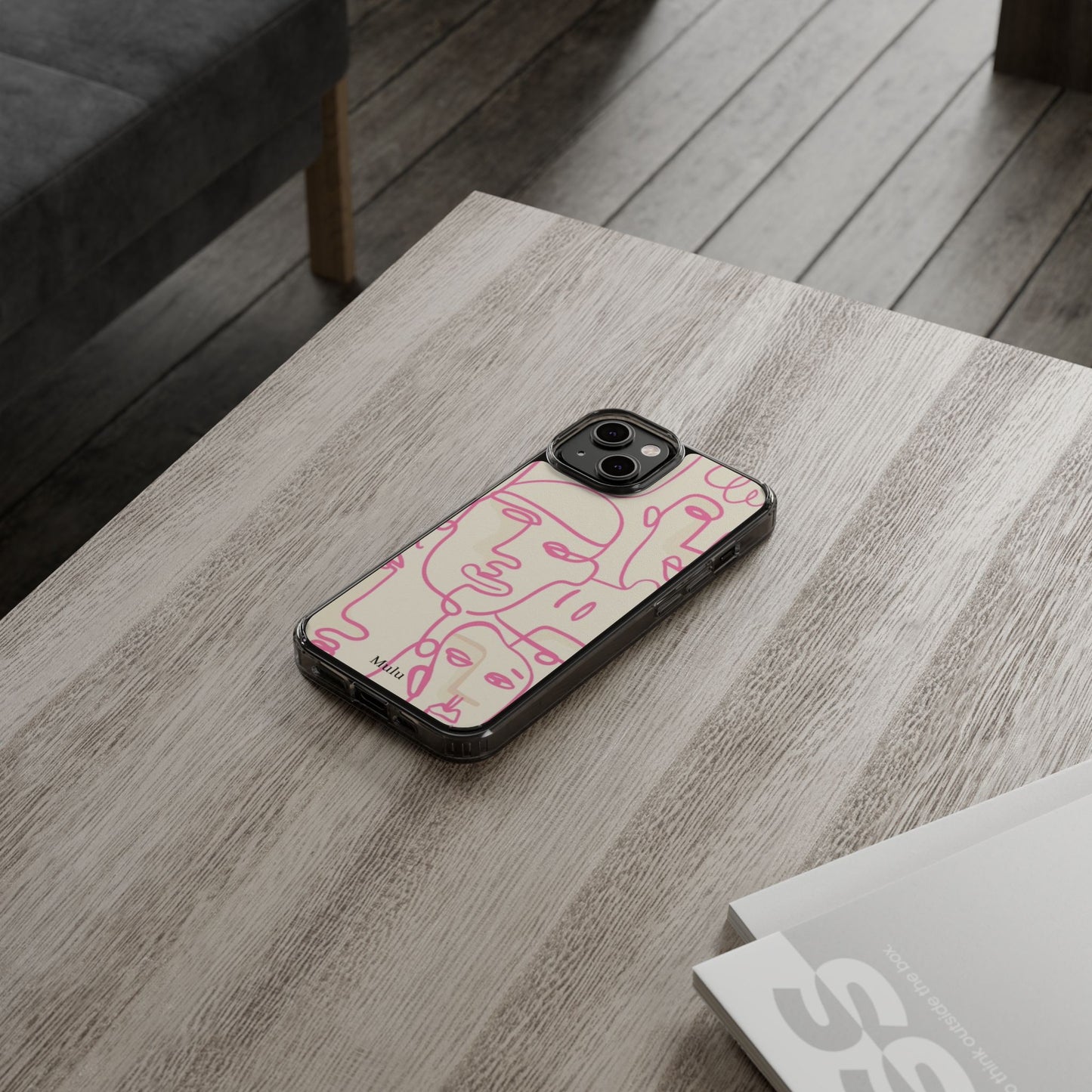 Clear Impact-Resistant Phone Case — Pink Minimalist Line Faces Design