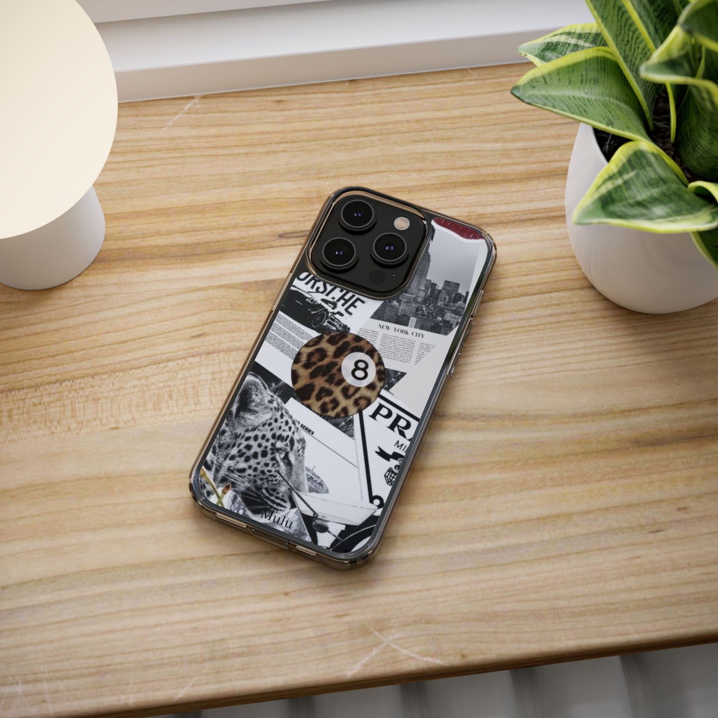 Clear Impact-Resistant Phone Case — Collage Luxury Leopard & Vintage Car Design
