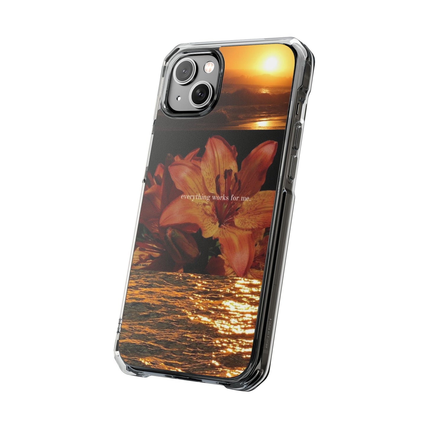 Clear Magnetic Phone Case — Sunset Lily Design ("anything waits for you")