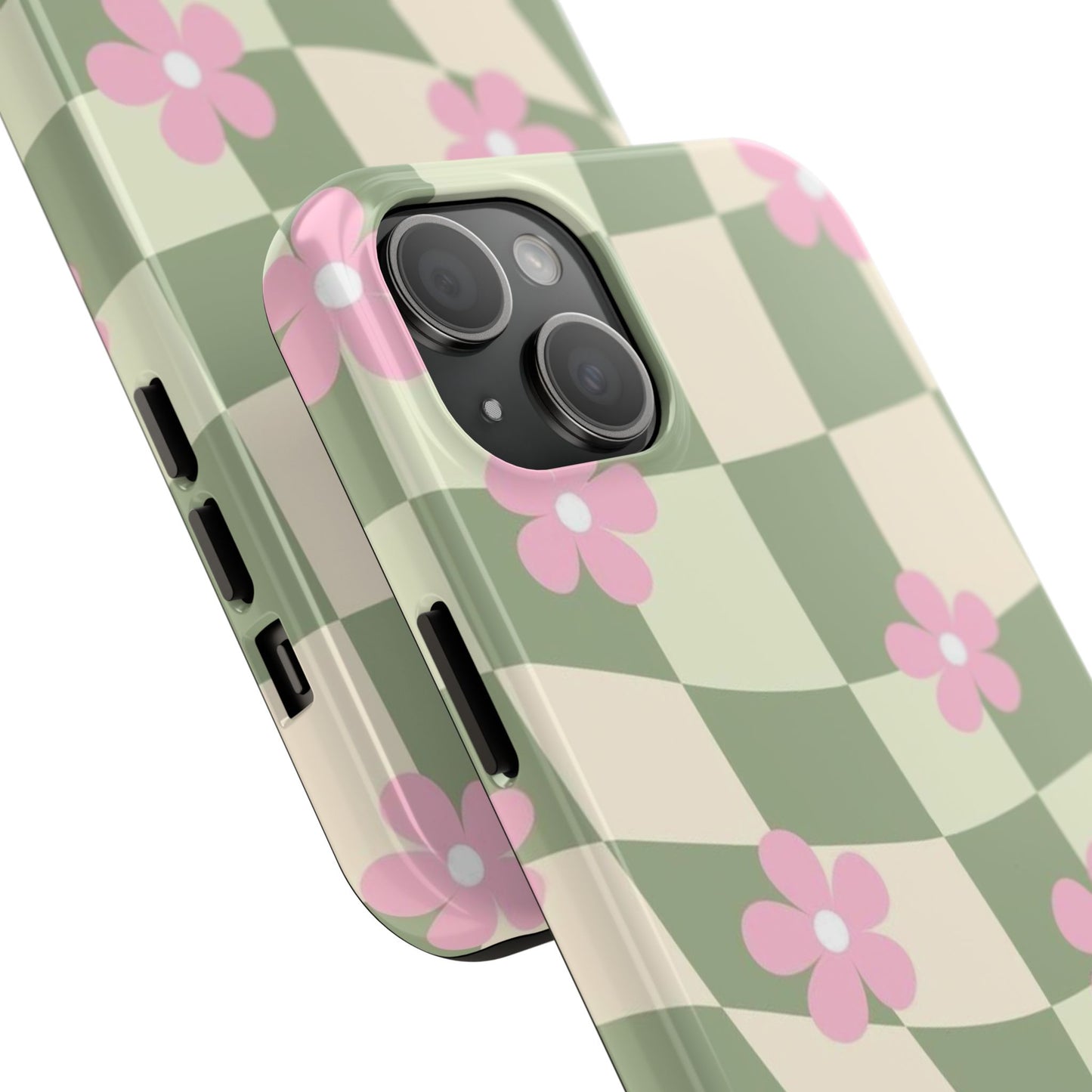 Tough Phone Case — Retro Green Checkerboard with Pink Flowers