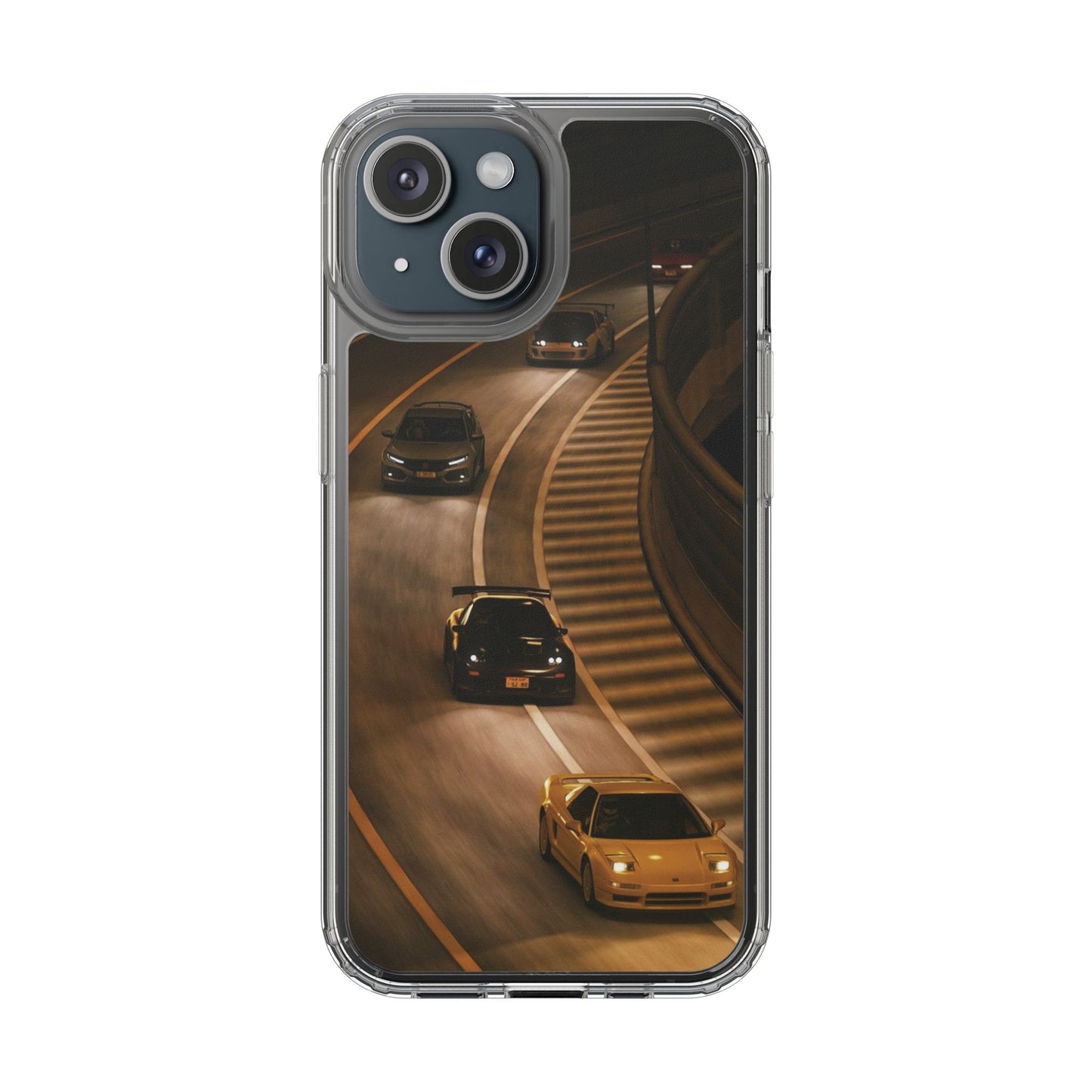 Racing Night Clear Phone Case – Sports Cars on Curved Highway