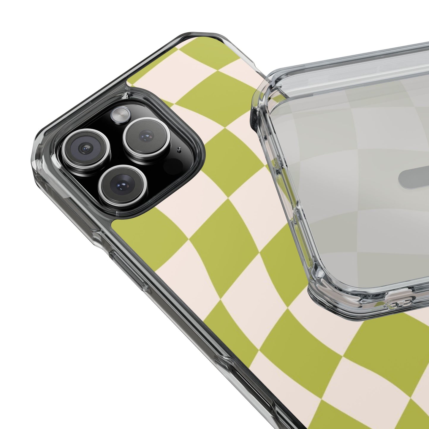 Clear Magnetic Phone Case — Olive Retro Check Pattern