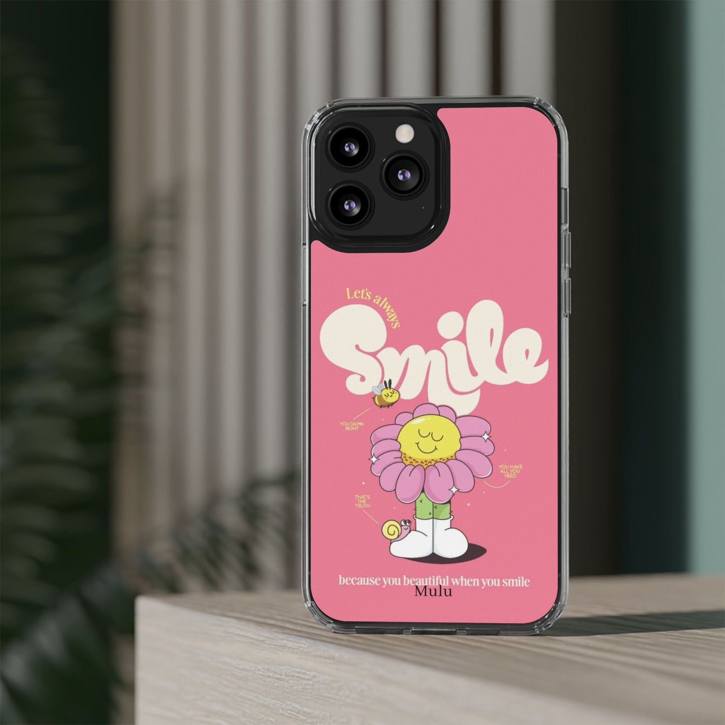 Clear Impact-Resistant Phone Case — Pink 'Smile' Flower Design