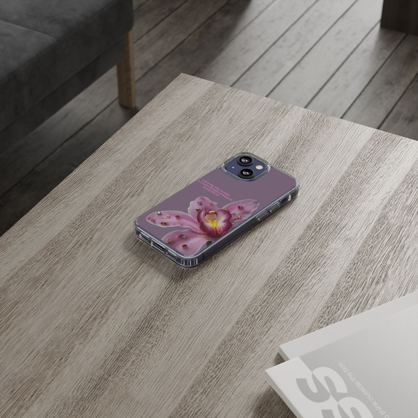 Clear Floral Impact-Resistant Phone Case — "When the time is right" Rose Orchid Design