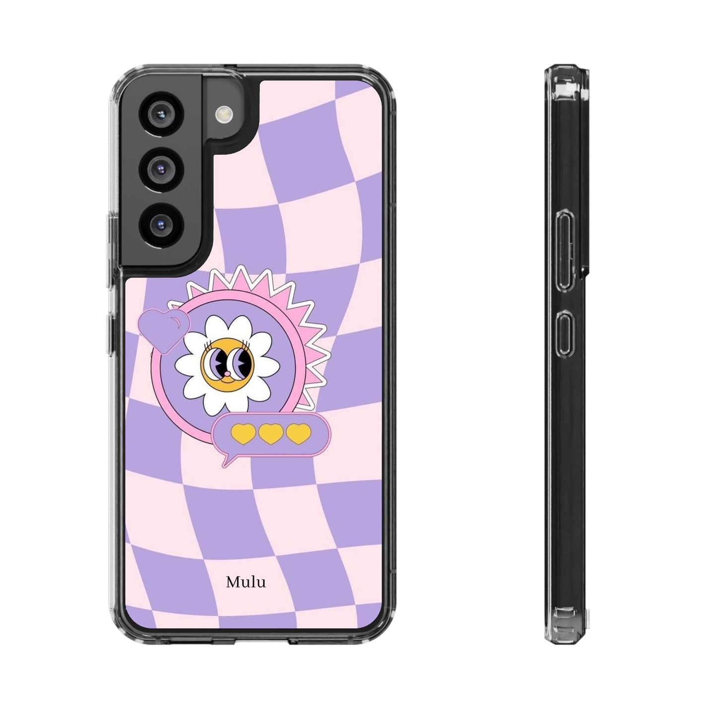 Clear Impact-Resistant Case — Cute Purple Checkerboard Dino with 'Mulu'