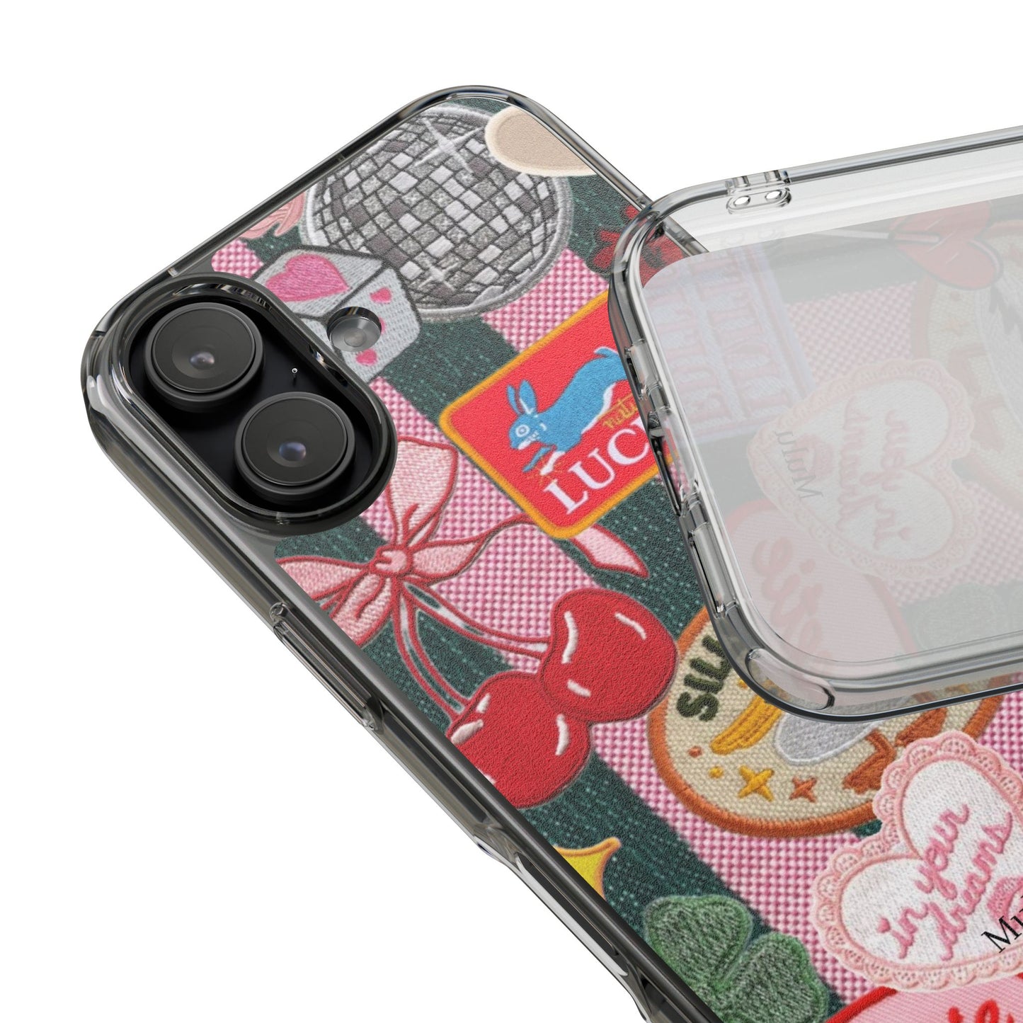Clear Impact-Resistant Phone Case — Retro Patchwork Stickers (Lucky, Cherries, Silly Goose)