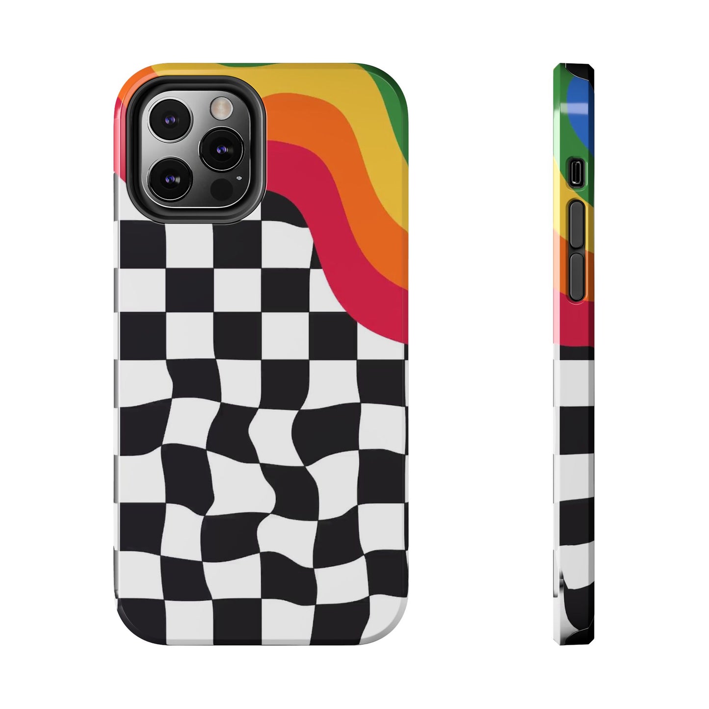 Retro Wavy Checkerboard Tough Phone Case — Rainbow Surf Skate Design
