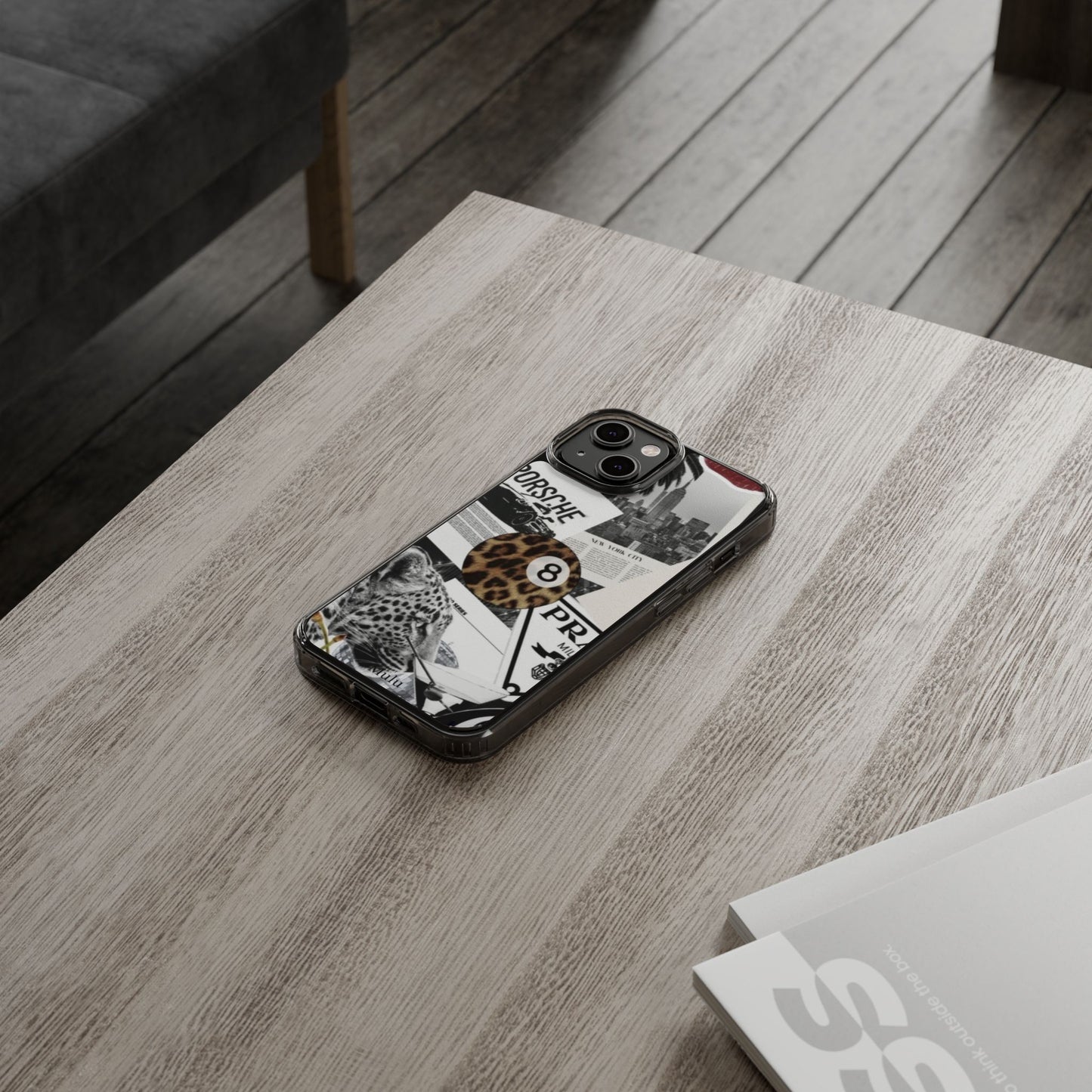 Clear Impact-Resistant Phone Case — Collage Luxury Leopard & Vintage Car Design