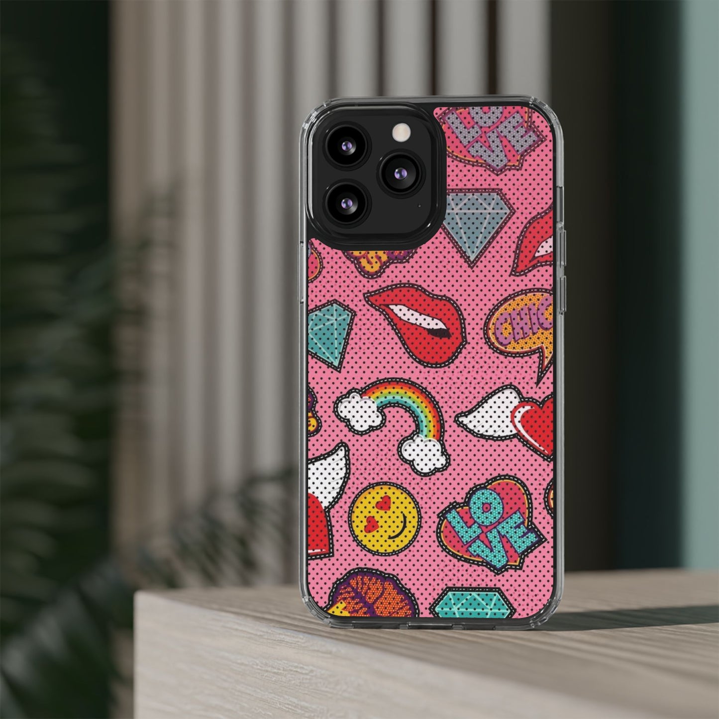 Clear Impact-Resistant Phone Case — Pink Pop Sticker Pattern (Hearts, Rainbows, Smileys)