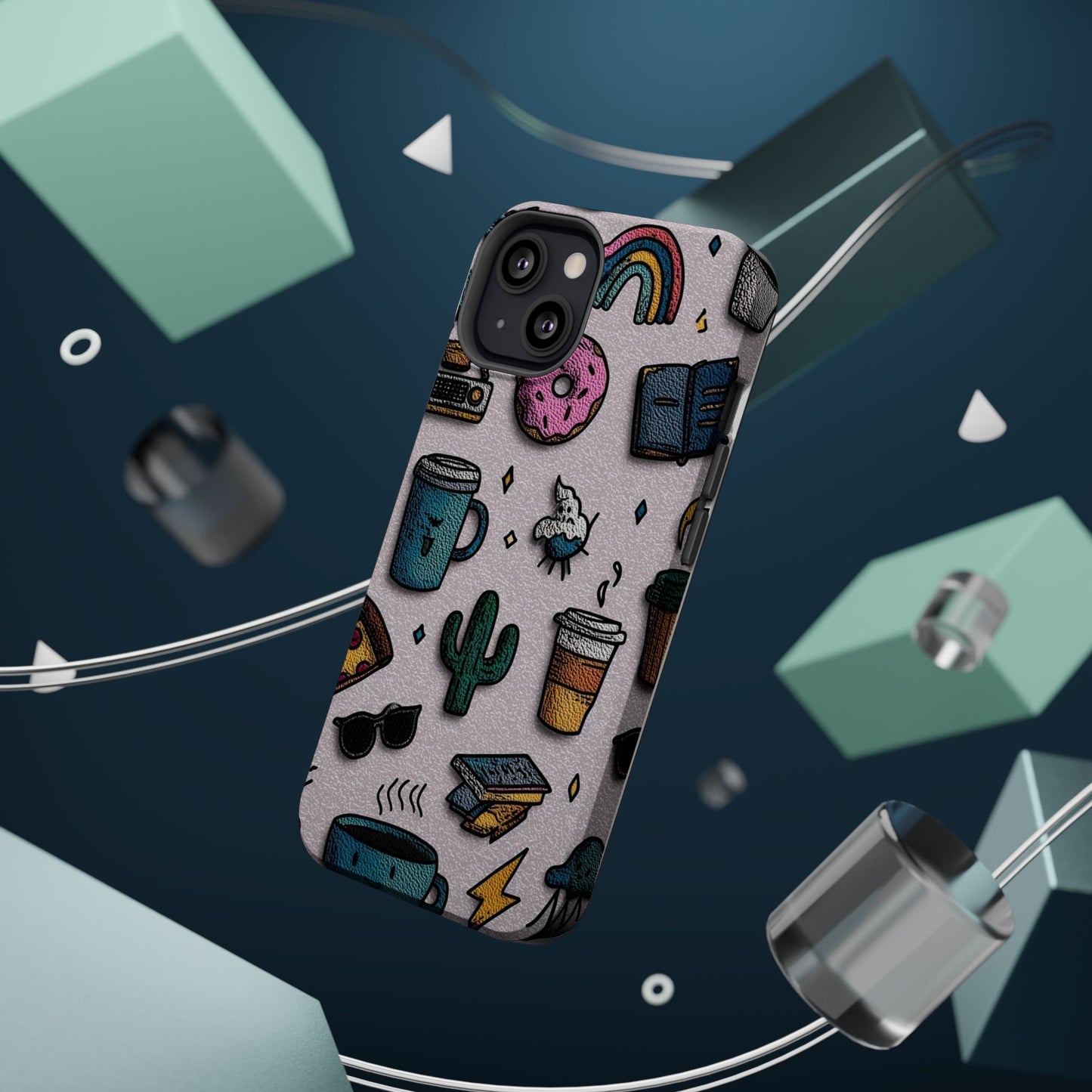 Cute Doodle Phone Case — Magnetic Impact-Resistant Design (coffee, rainbow, cactus)