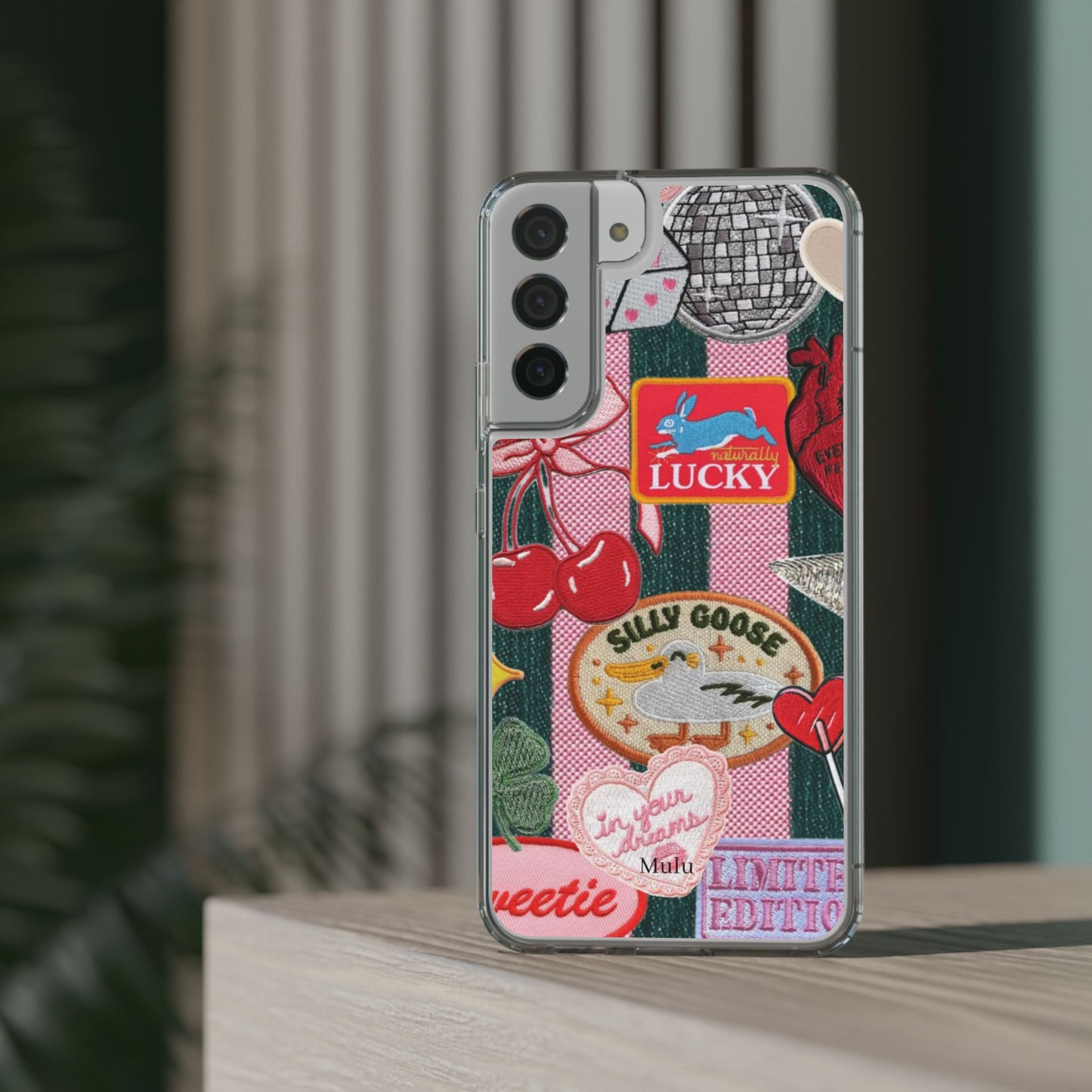 Clear Impact-Resistant Phone Case — Retro Patchwork Stickers (Lucky, Cherries, Silly Goose)