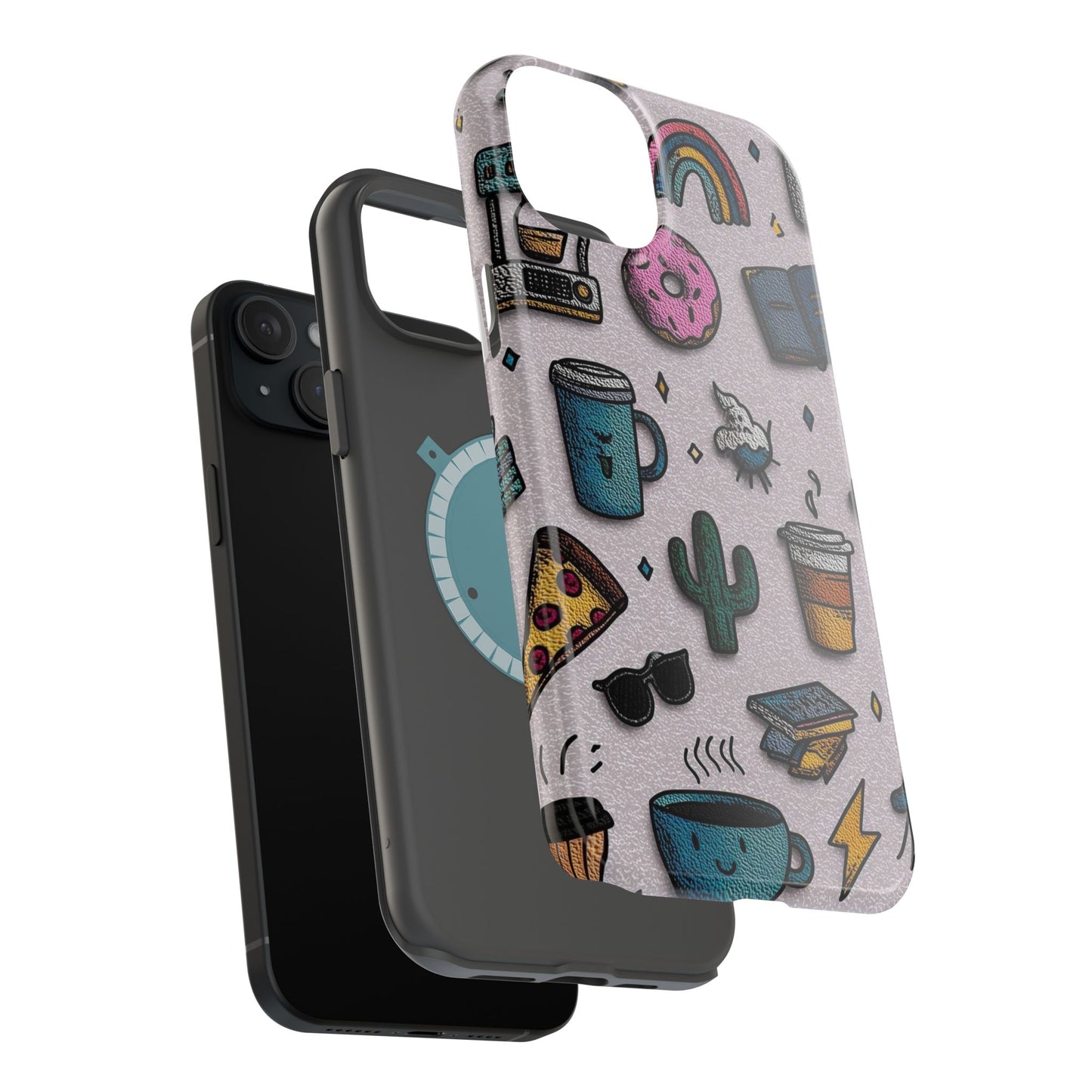 Cute Doodle Phone Case — Magnetic Impact-Resistant Design (coffee, rainbow, cactus)