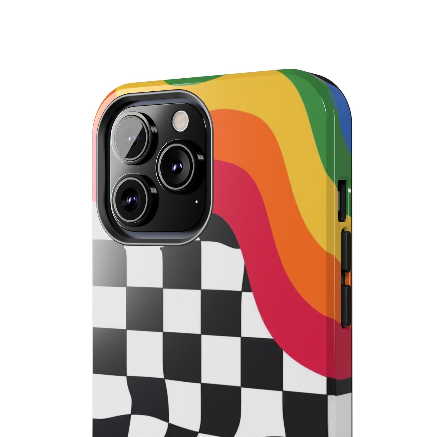 Retro Wavy Checkerboard Tough Phone Case — Rainbow Surf Skate Design