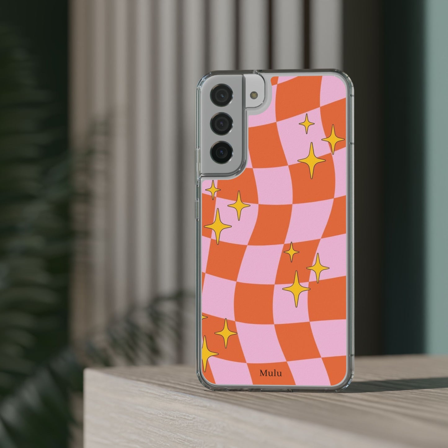 Clear Impact-Resistant Case — Retro Pink & Orange Checker with Sparkle Stars