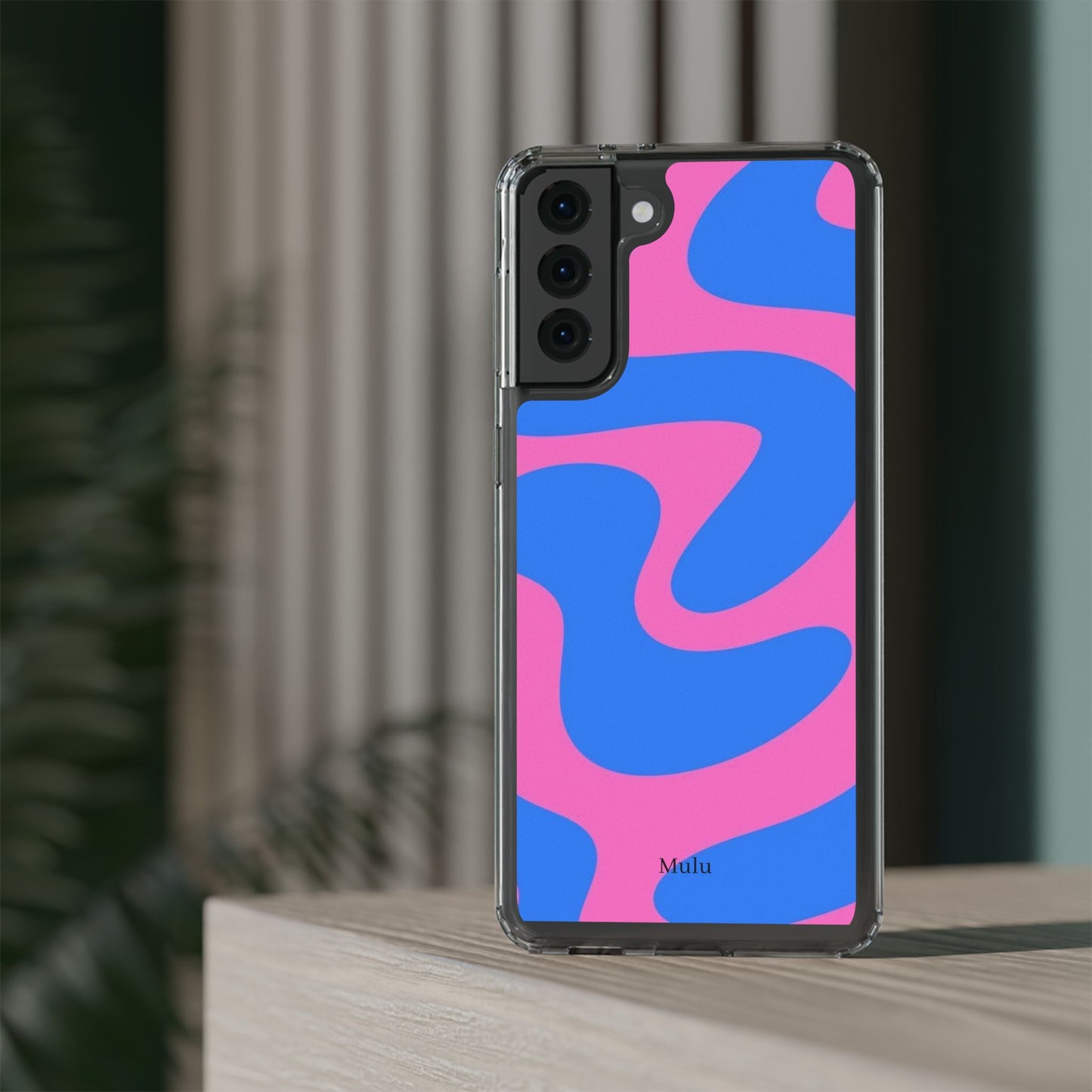 Clear Impact-Resistant Phone Case — Retro Blue & Pink Abstract Swirl