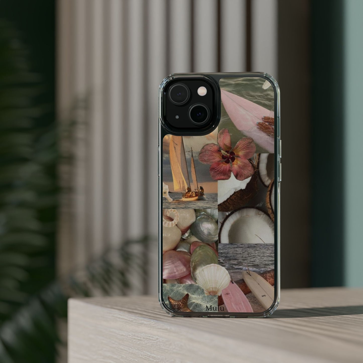 Clear Phone Case — Coastal Collage Shells & Surf Design