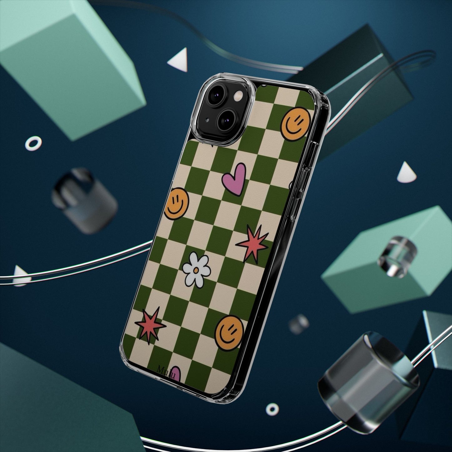 Clear Impact-Resistant Case — Retro Green Checkerboard with Smiley, Hearts & Flowers
