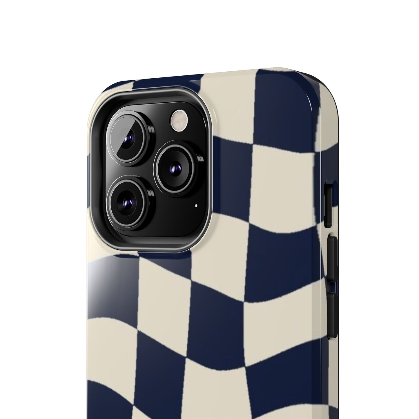 Wavy Checkerboard Tough Phone Case — Navy & Cream Protective Cover