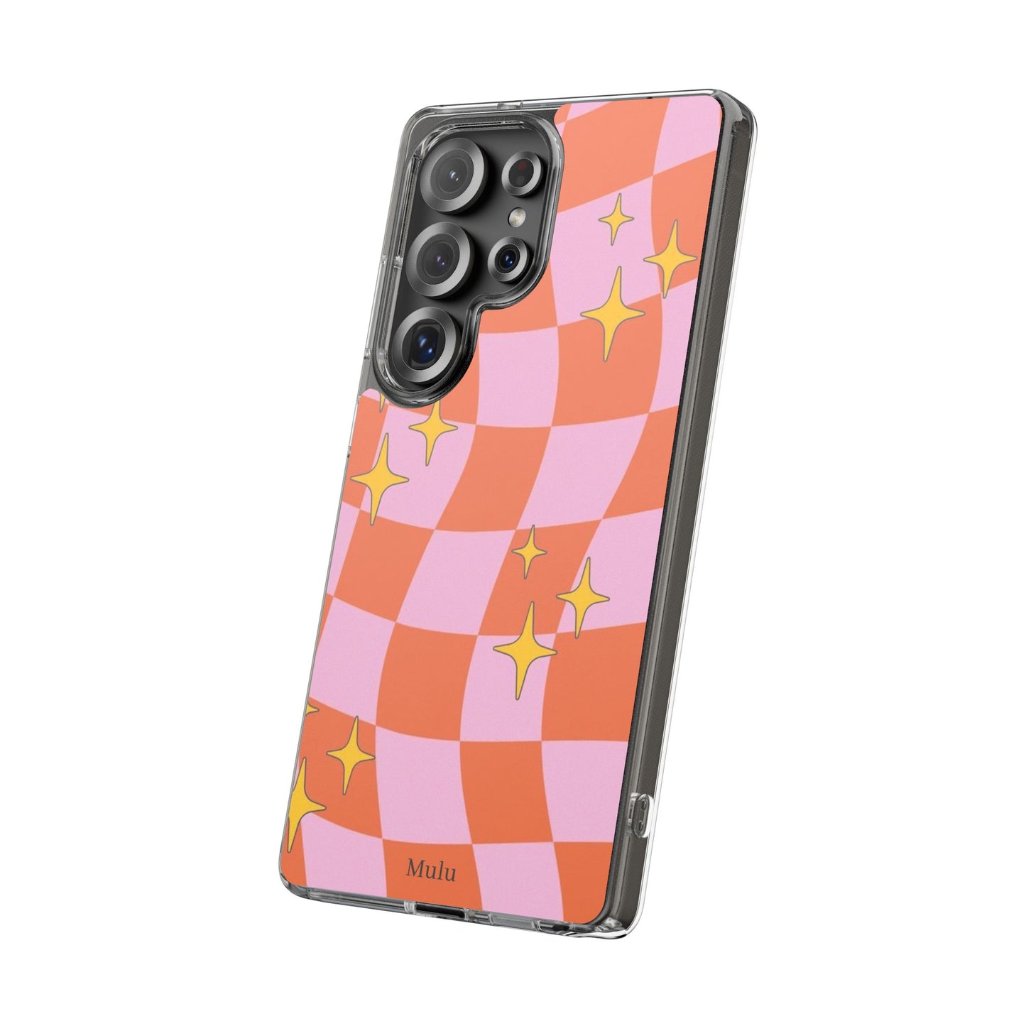 Clear Impact-Resistant Case — Retro Pink & Orange Checker with Sparkle Stars