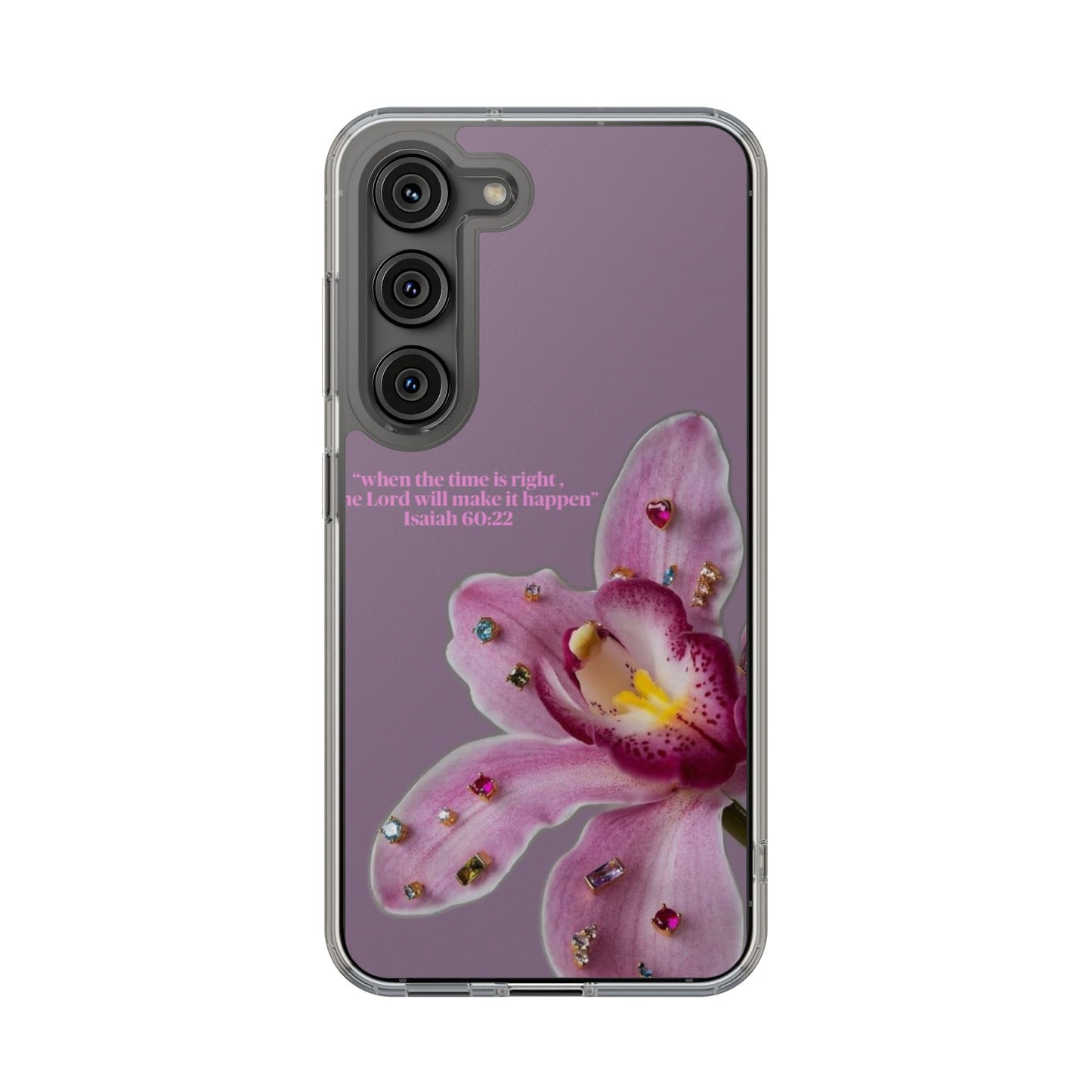 Clear Floral Impact-Resistant Phone Case — "When the time is right" Rose Orchid Design