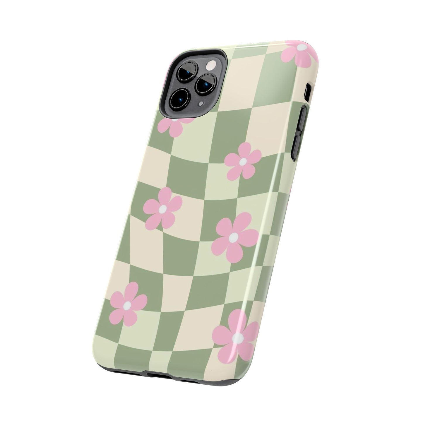 Tough Phone Case — Retro Green Checkerboard with Pink Flowers
