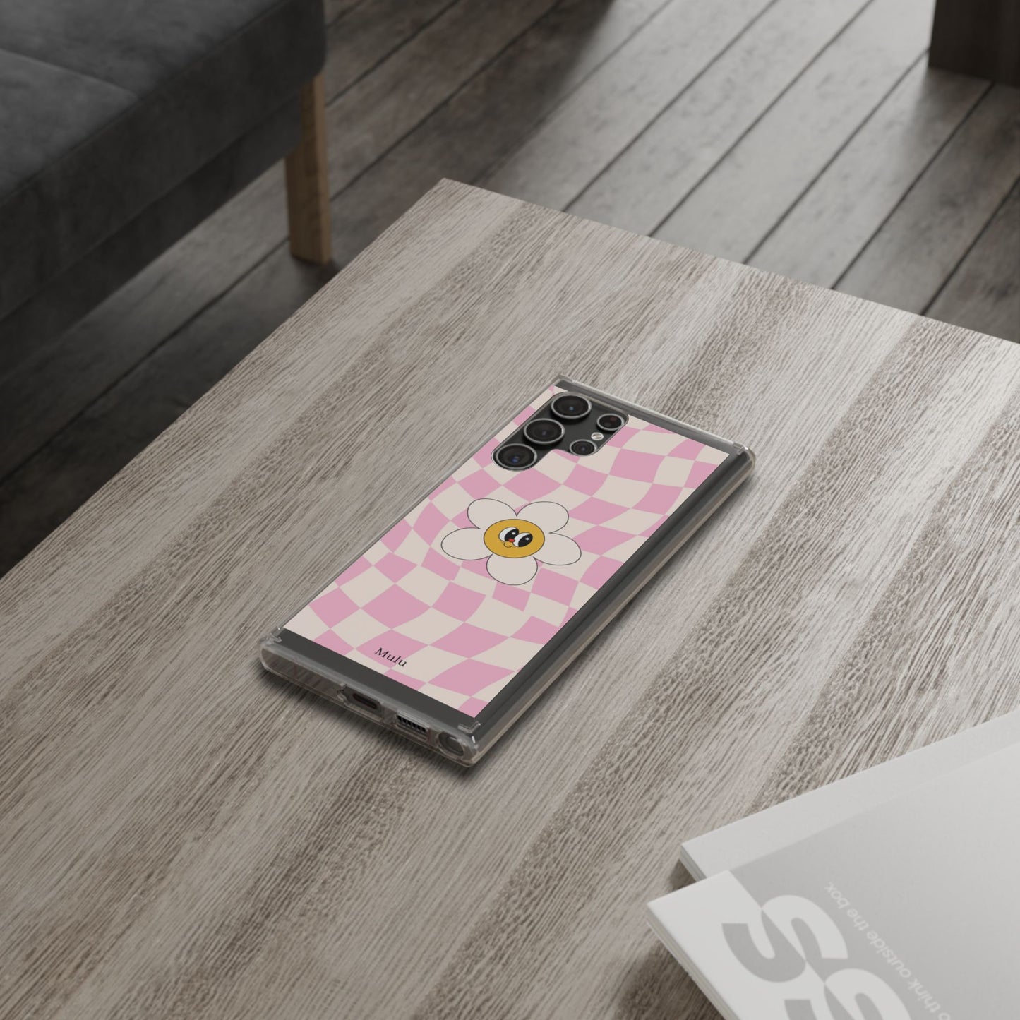 Clear Impact-Resistant Phone Case — Pink Checkerboard Daisy Design