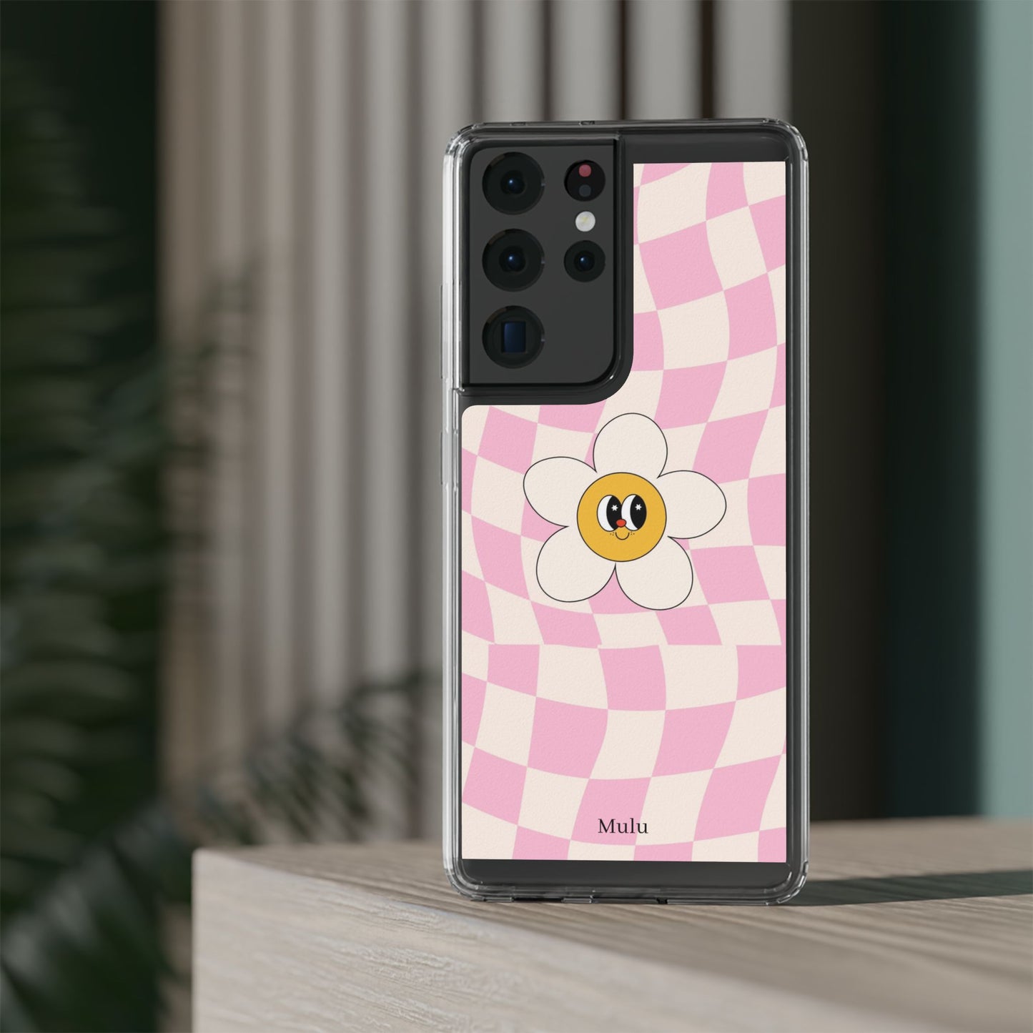Clear Impact-Resistant Phone Case — Pink Checkerboard Daisy Design