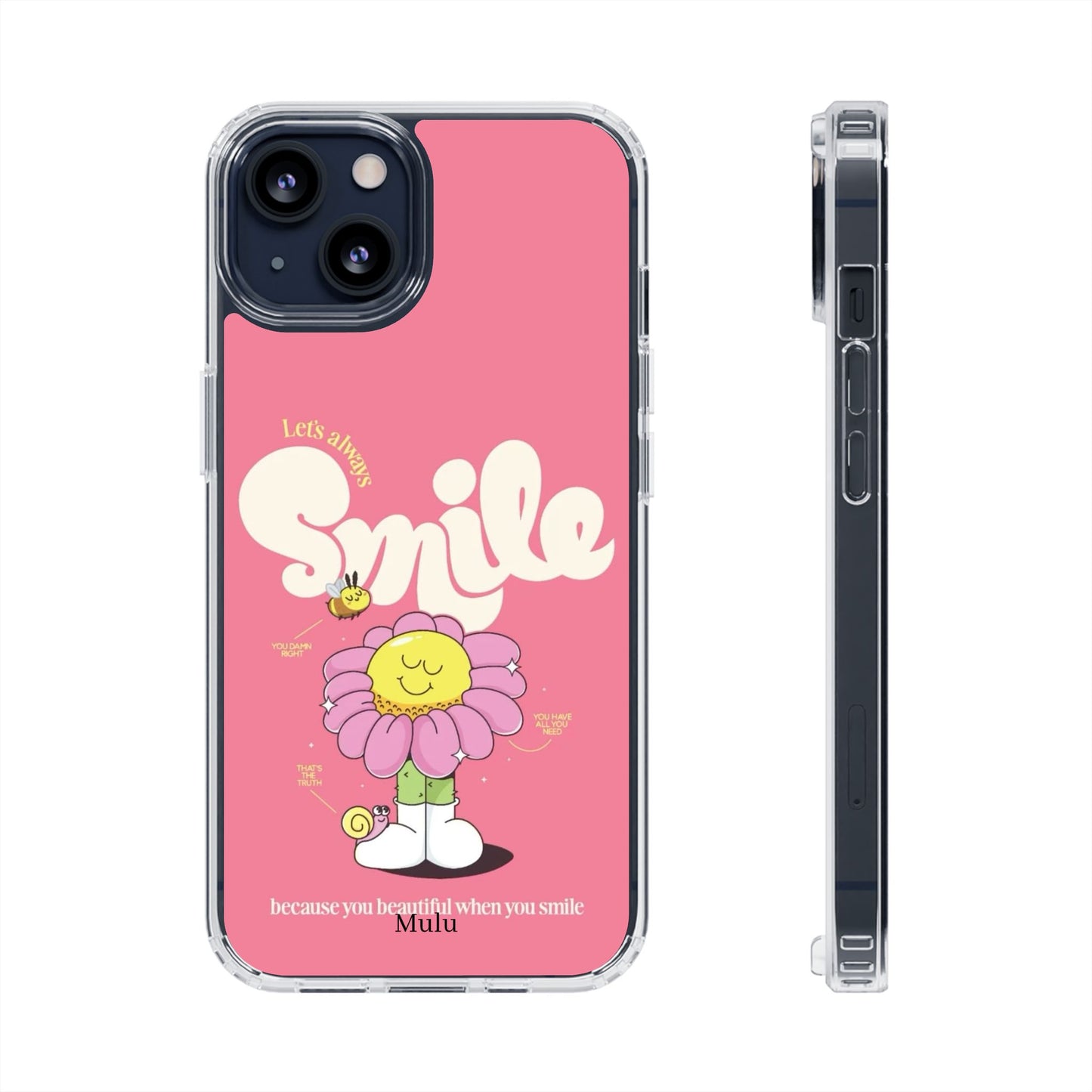 Clear Impact-Resistant Phone Case — Pink 'Smile' Flower Design