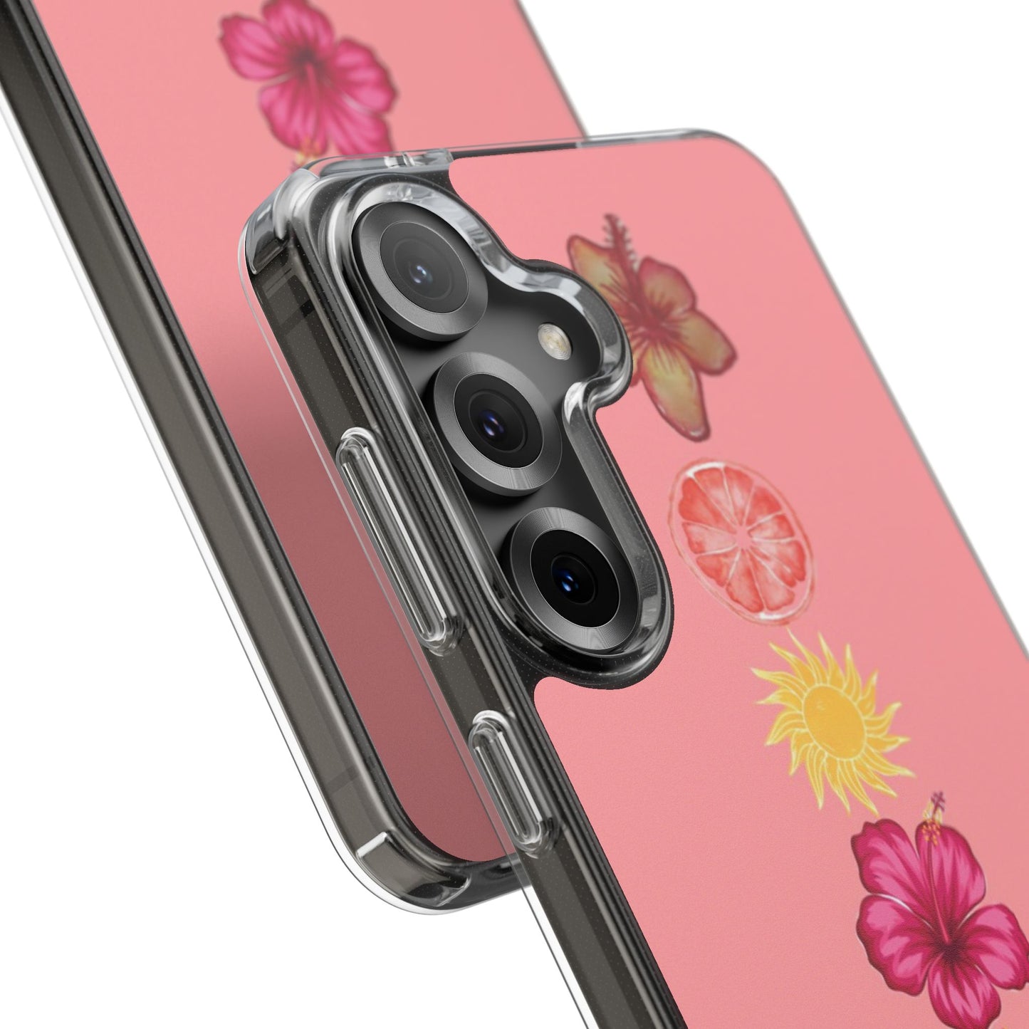 Clear Impact-Resistant Phone Case — Tropical Sun & Hibiscus Floral Design