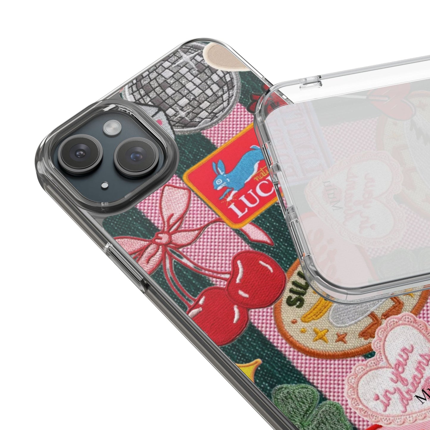 Clear Impact-Resistant Phone Case — Retro Patchwork Stickers (Lucky, Cherries, Silly Goose)