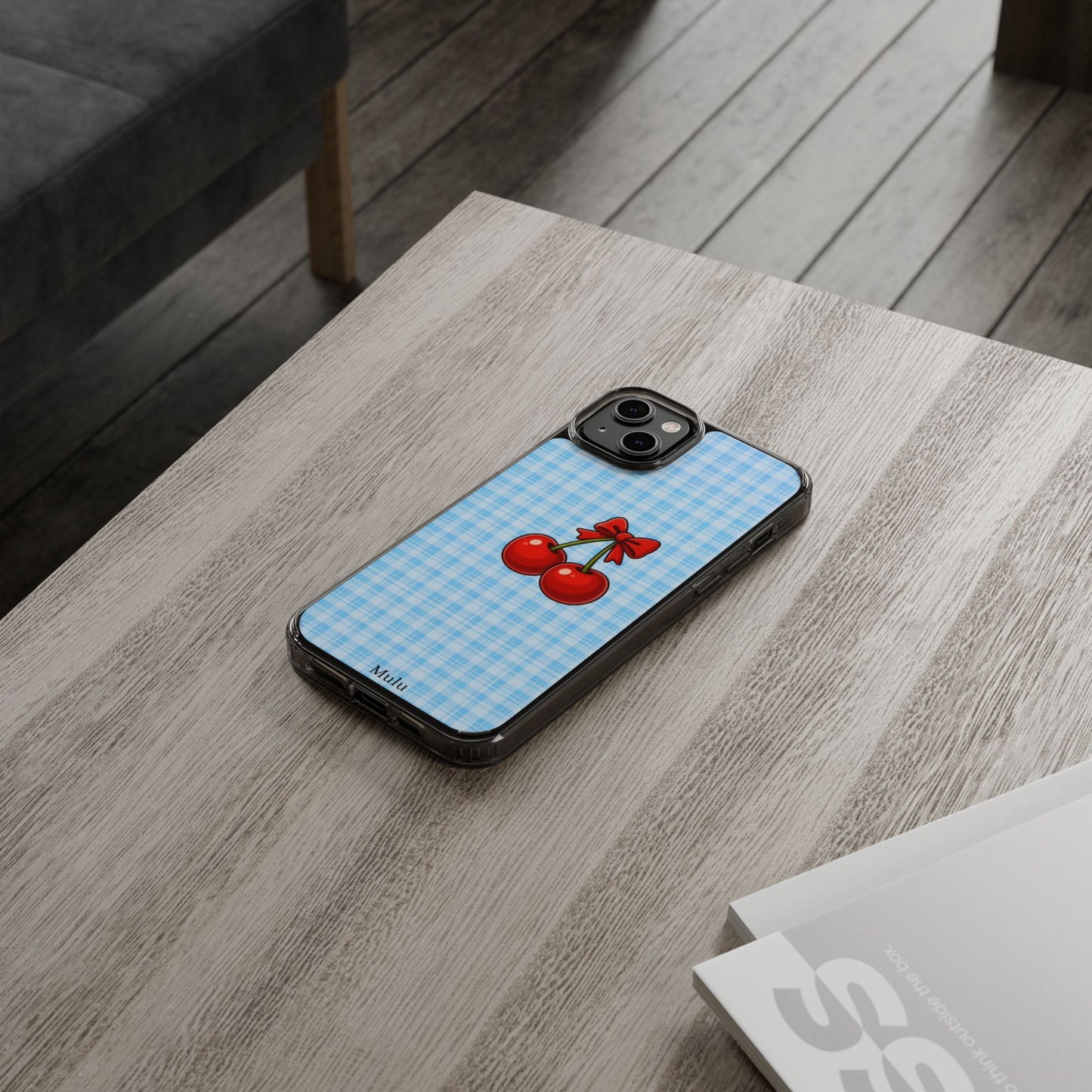 Clear Cherry Gingham Phone Case — Impact-Resistant Clear Case with Red Cherry Design