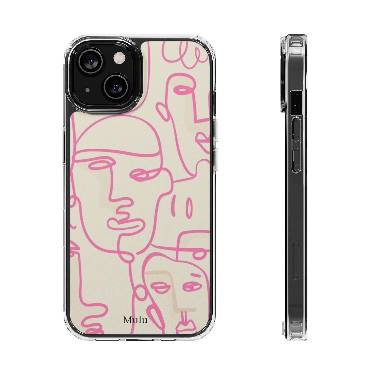 Clear Impact-Resistant Phone Case — Pink Minimalist Line Faces Design