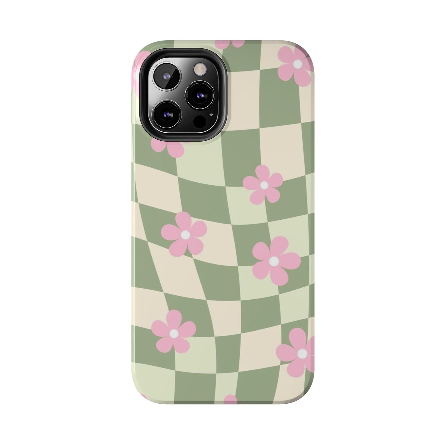 Tough Phone Case — Retro Green Checkerboard with Pink Flowers