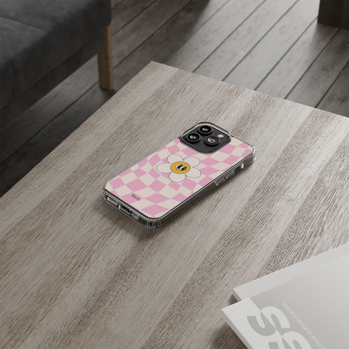Clear Impact-Resistant Phone Case — Pink Checkerboard Daisy Design