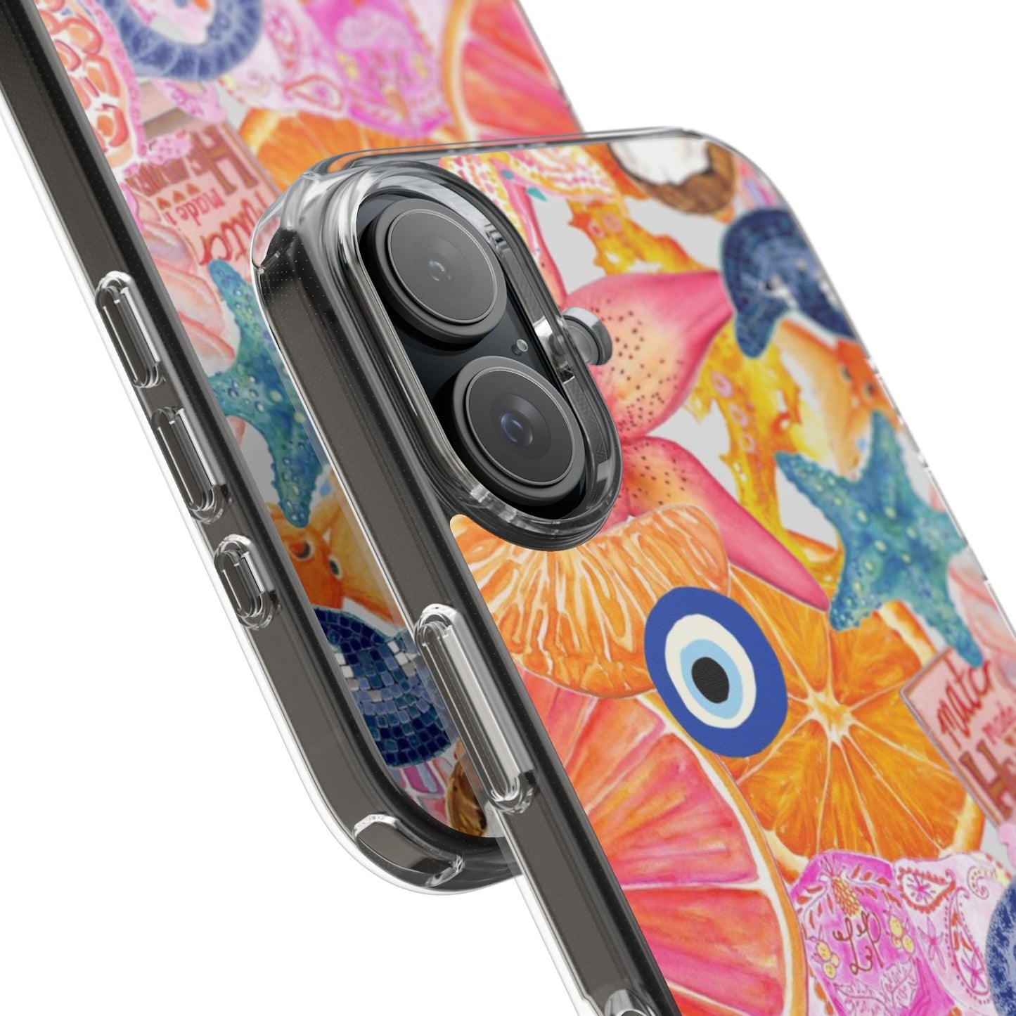Clear Impact-Resistant Phone Case — Colorful Tropical Collage Design