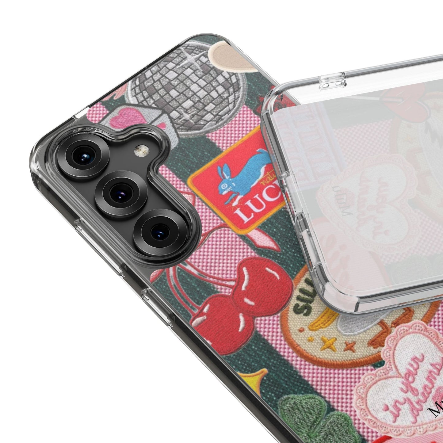 Clear Impact-Resistant Phone Case — Retro Patchwork Stickers (Lucky, Cherries, Silly Goose)