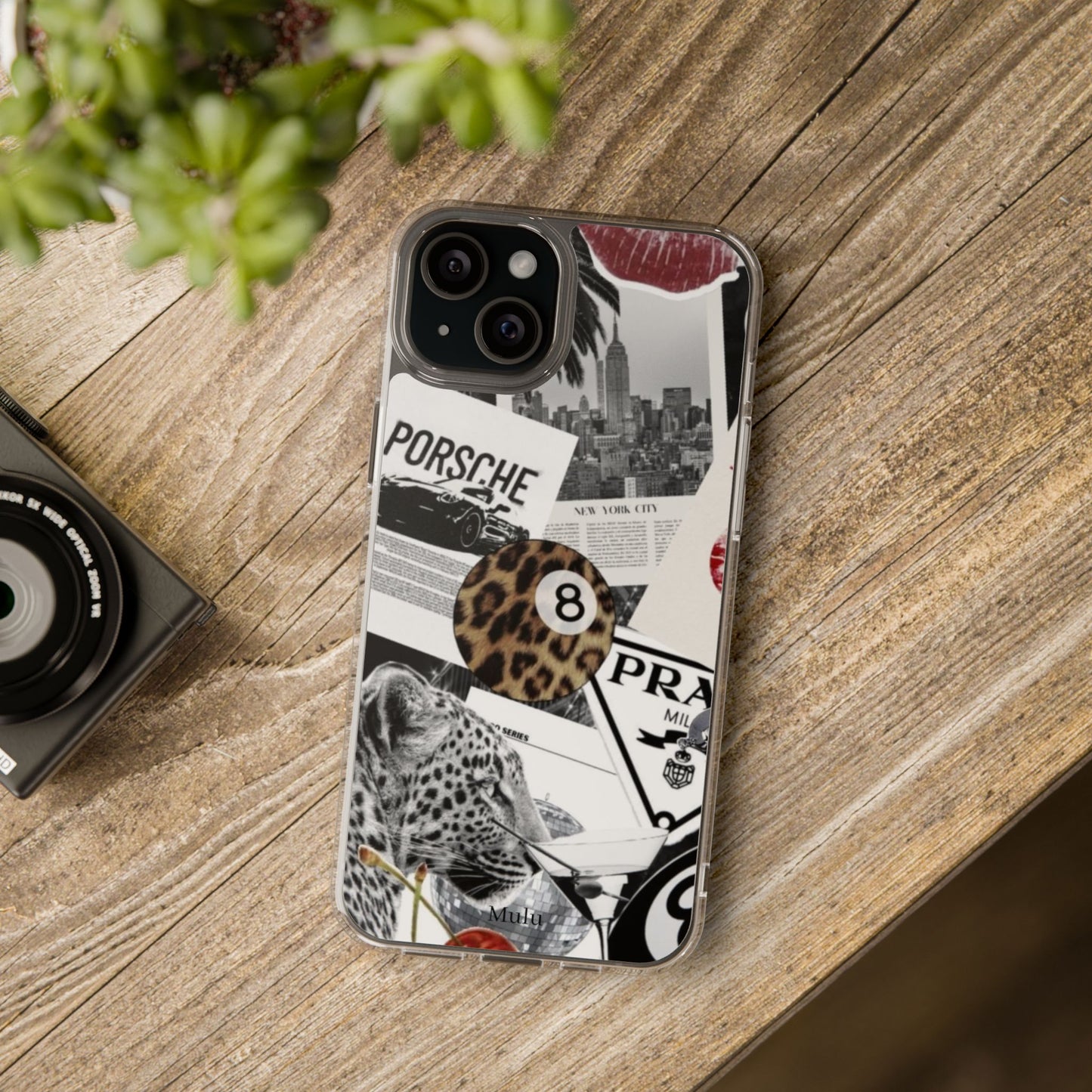Clear Impact-Resistant Phone Case — Collage Luxury Leopard & Vintage Car Design