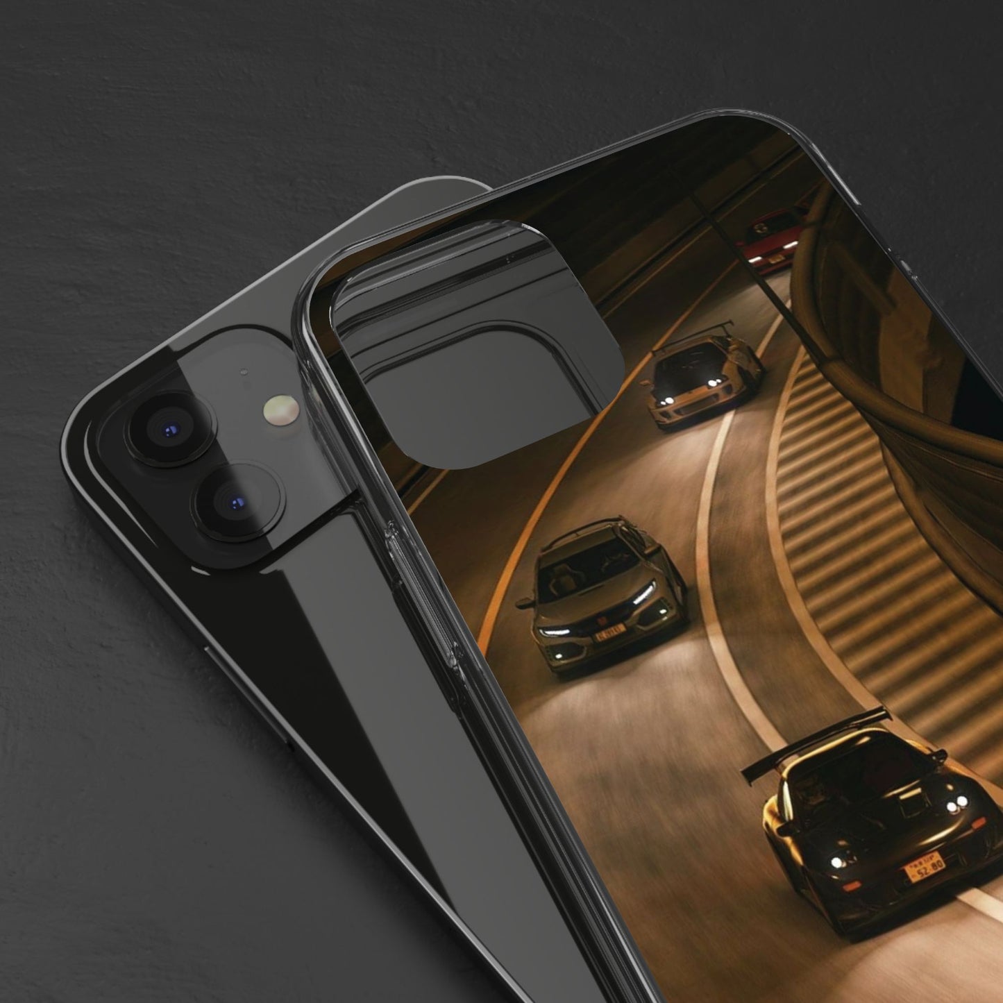Racing Night Clear Phone Case – Sports Cars on Curved Highway