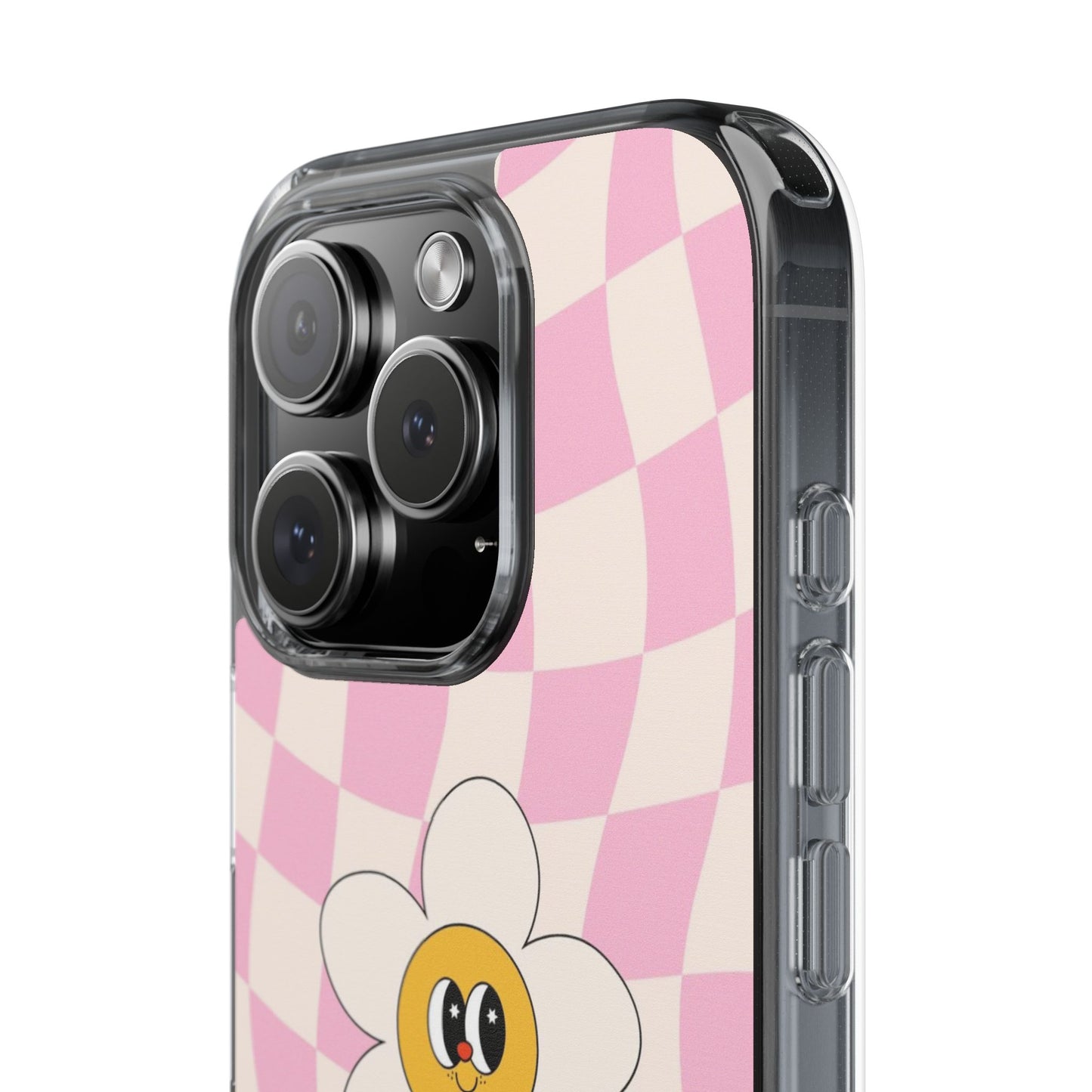 Clear Impact-Resistant Phone Case — Pink Checkerboard Daisy Design