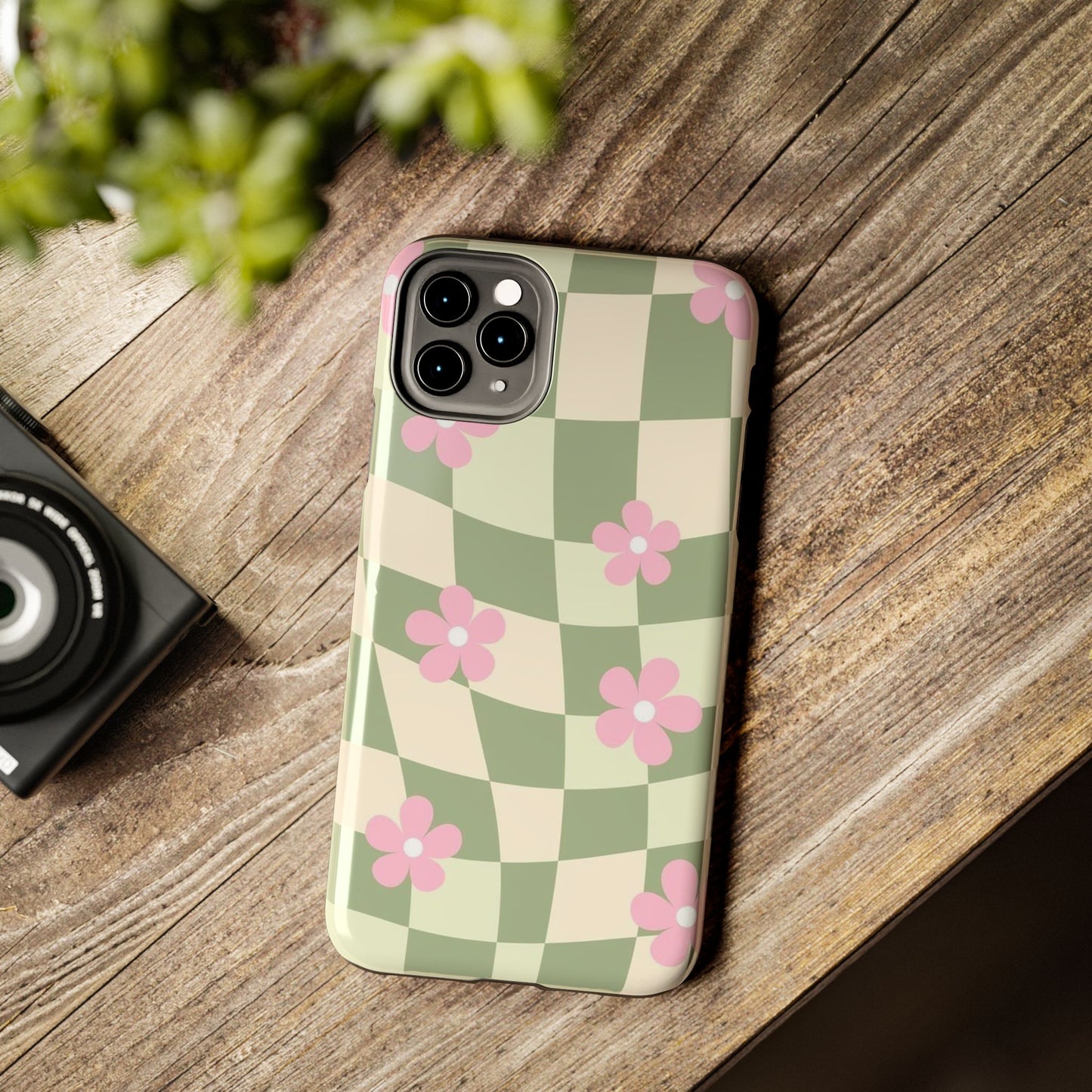 Tough Phone Case — Retro Green Checkerboard with Pink Flowers