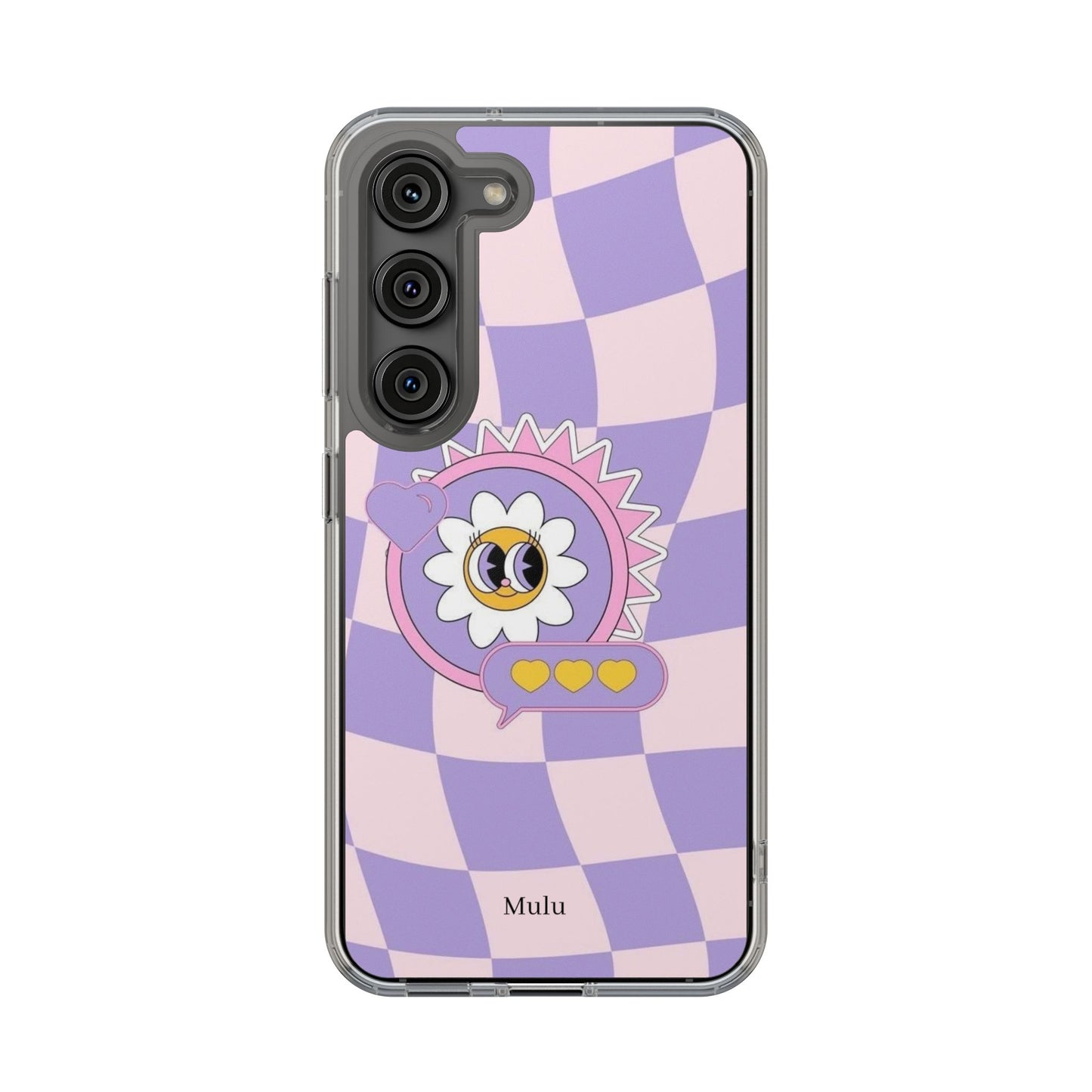 Clear Impact-Resistant Case — Cute Purple Checkerboard Dino with 'Mulu'