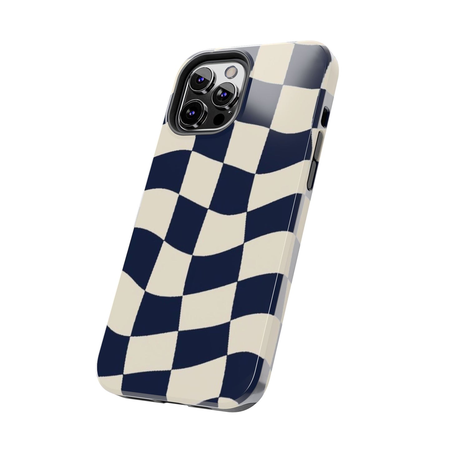 Wavy Checkerboard Tough Phone Case — Navy & Cream Protective Cover