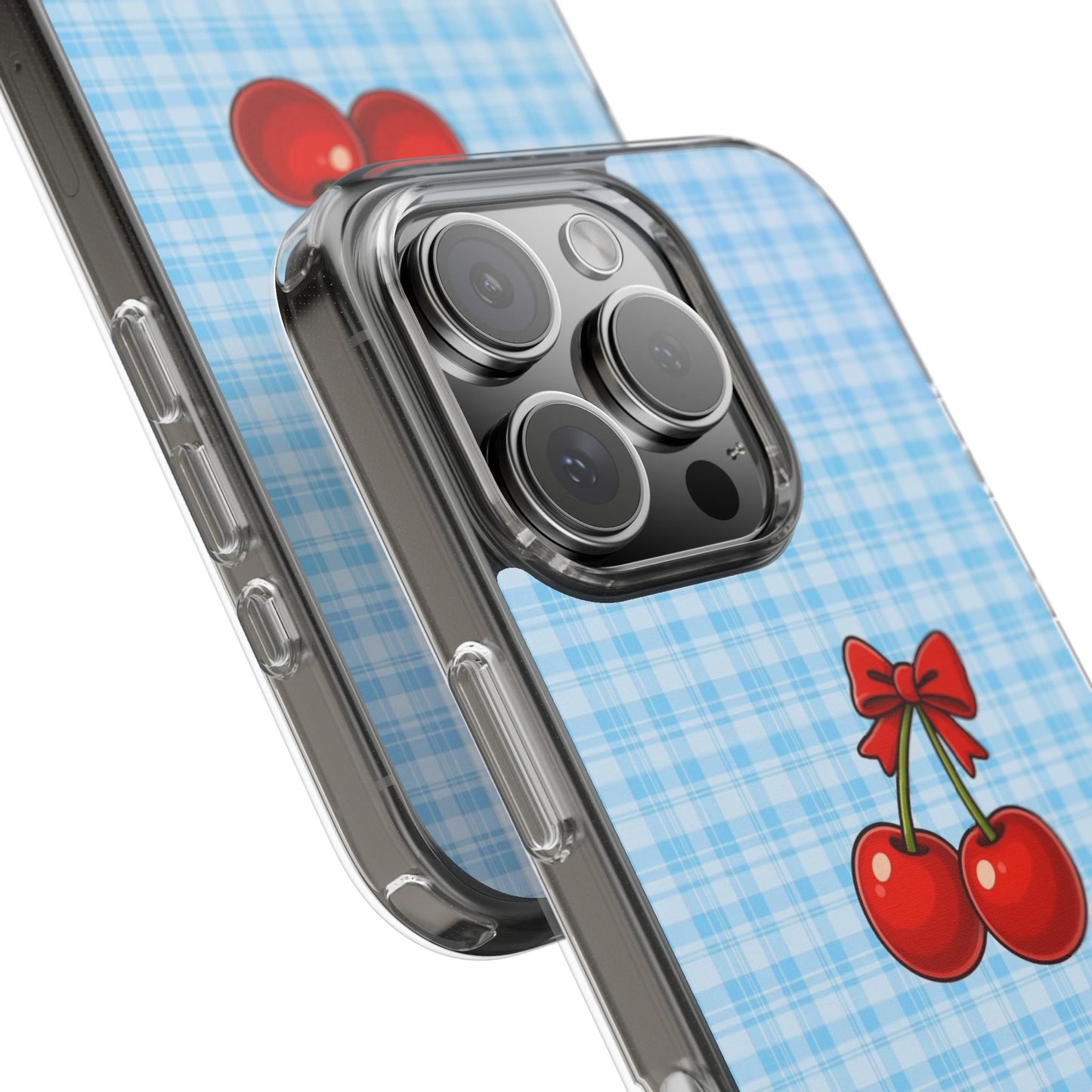 Clear Cherry Gingham Phone Case — Impact-Resistant Clear Case with Red Cherry Design