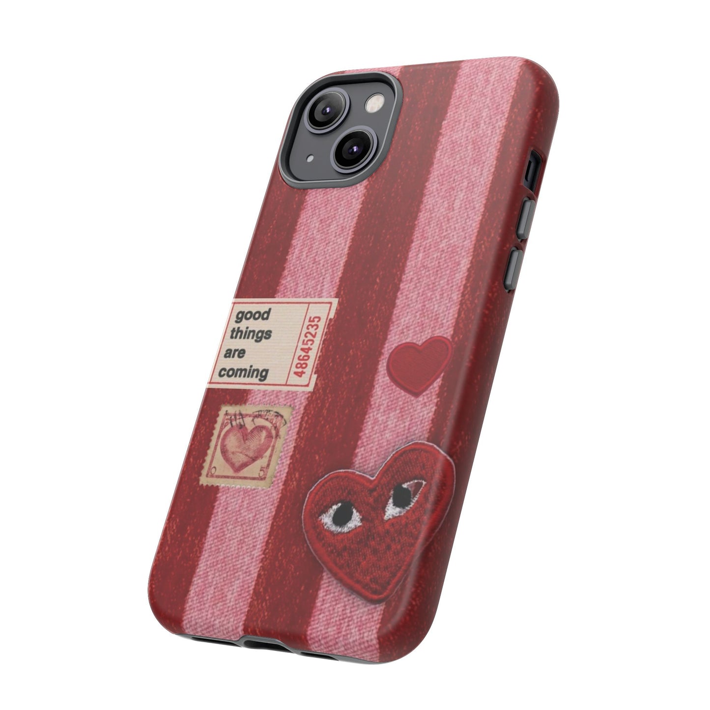 Phone Case — Red Striped Heart Design with “Good Things Are Coming”
