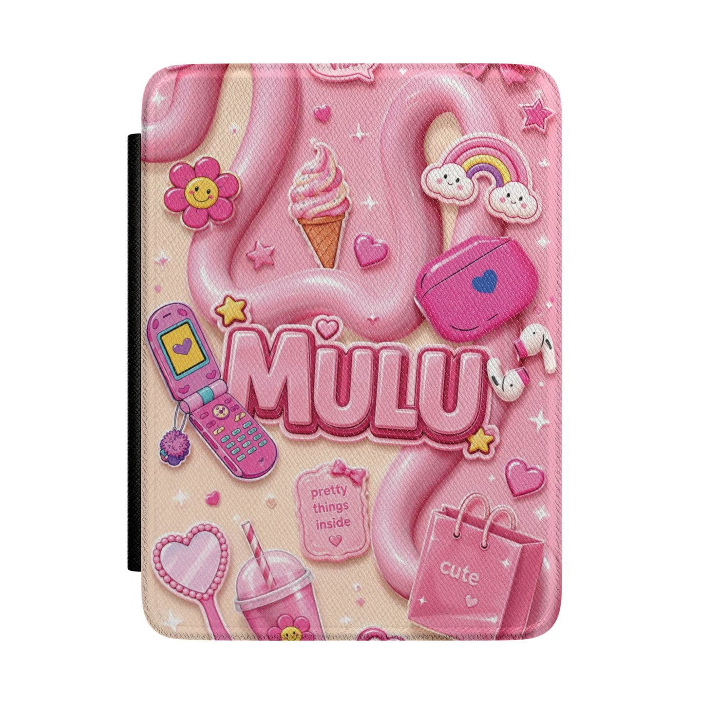 Pink Kawaii Kindle Case — Cute ‘MULU’ Heart & Rainbow E-Reader Cover