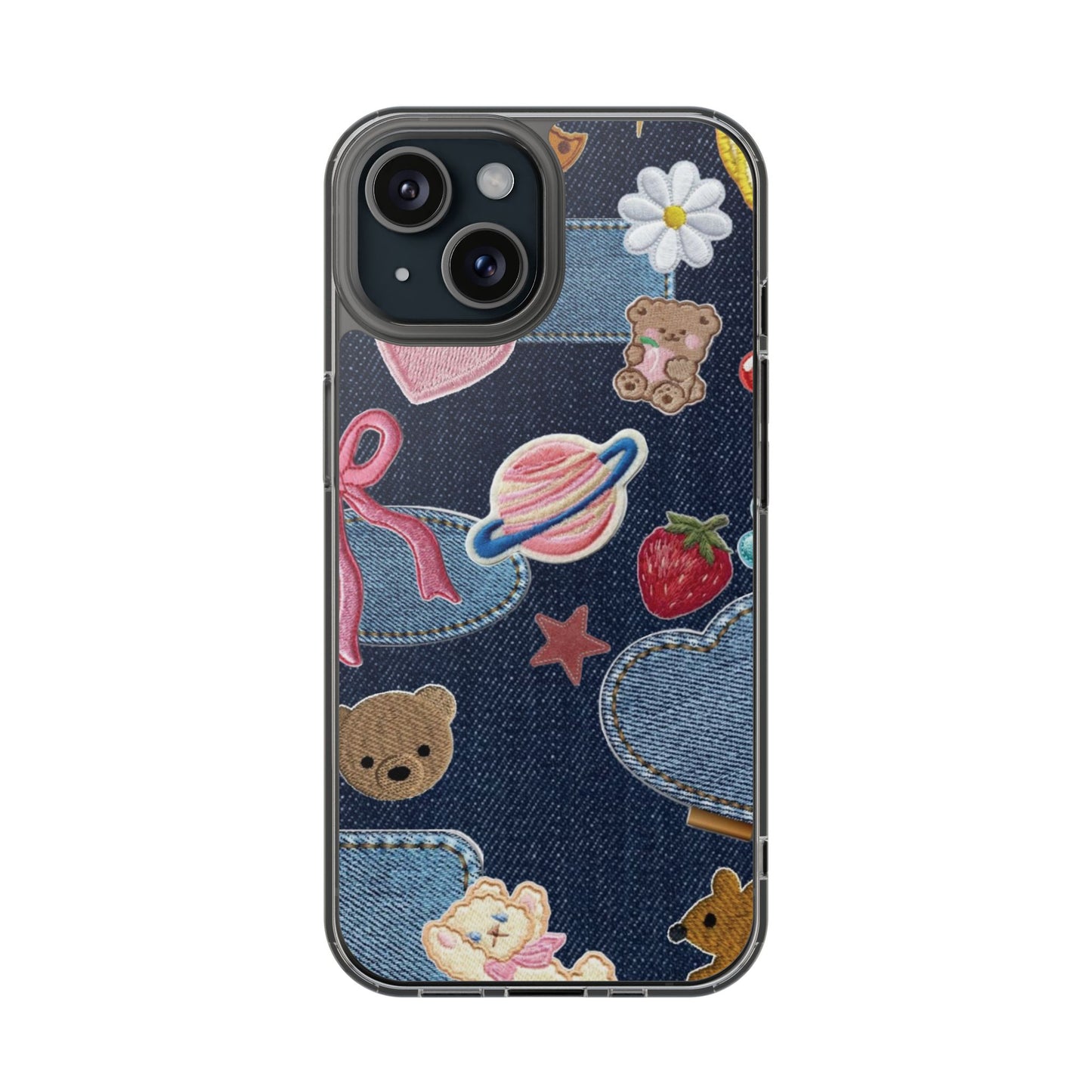 Clear Impact-Resistant Phone Case — Cute Denim Patch Collage (Teddy, Strawberry, Planet)