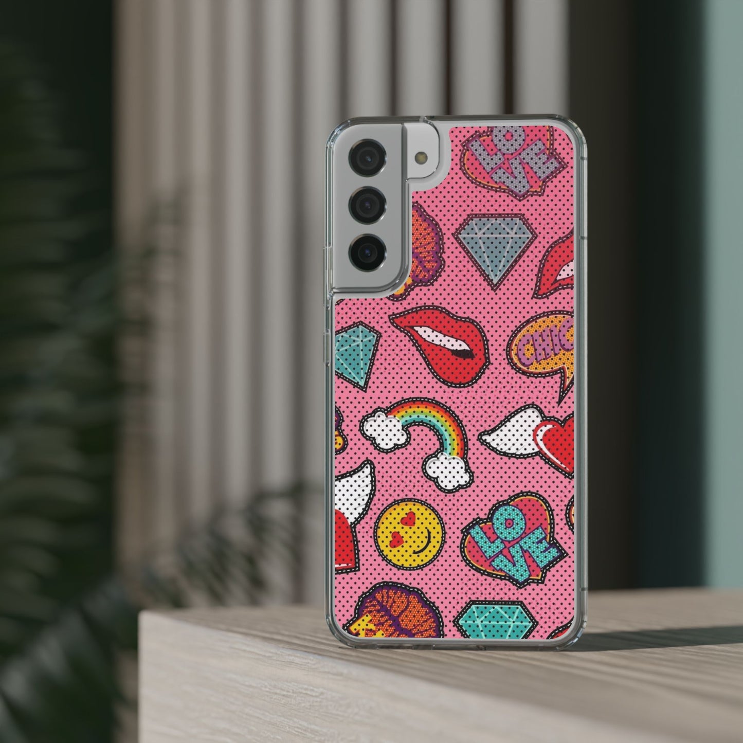 Clear Impact-Resistant Phone Case — Pink Pop Sticker Pattern (Hearts, Rainbows, Smileys)
