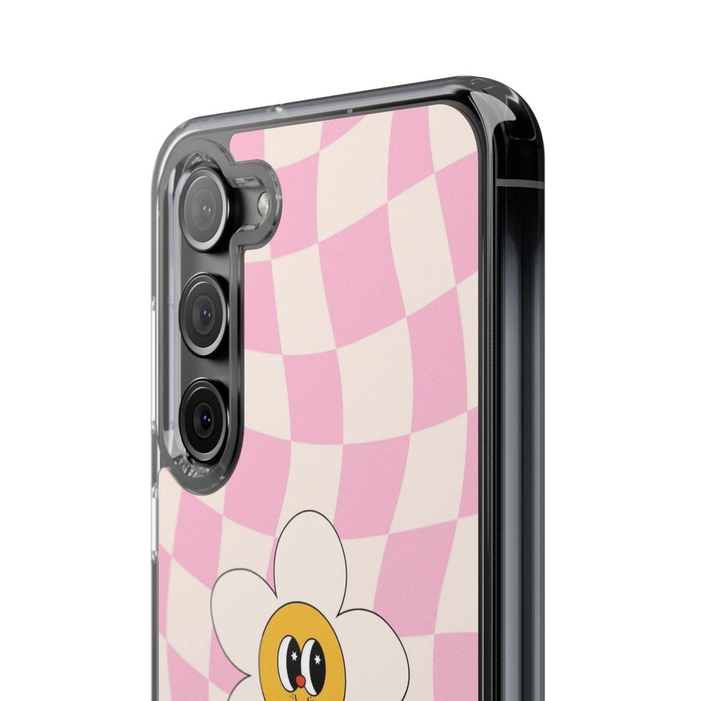 Clear Impact-Resistant Phone Case — Pink Checkerboard Daisy Design